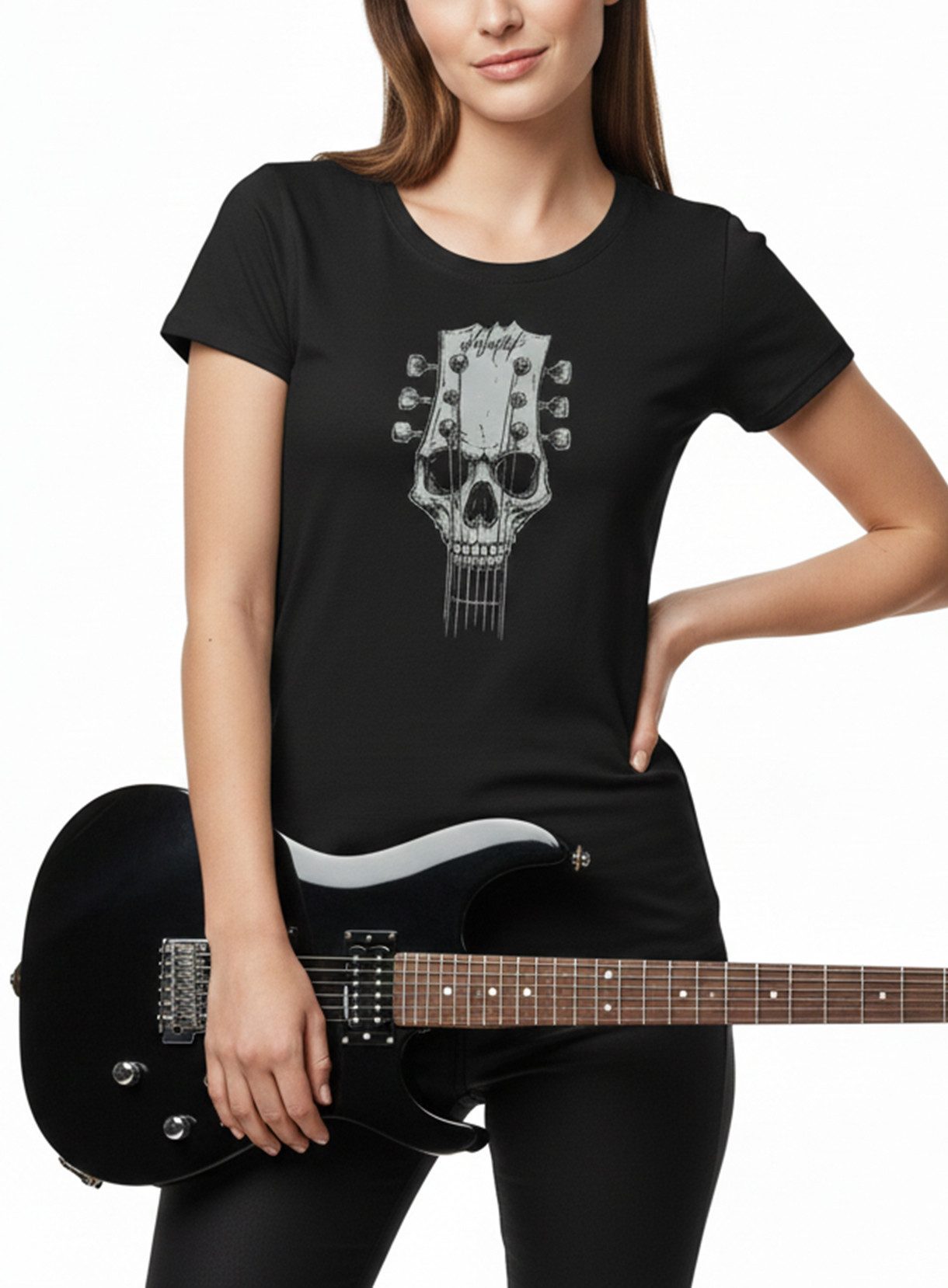 MAKAYA Print-Shirt Schwarzes Damen Top mit Skull & Gitarre – Geschenk für Musikfans (Schwarz, S, M, L, XL) Baumwolle