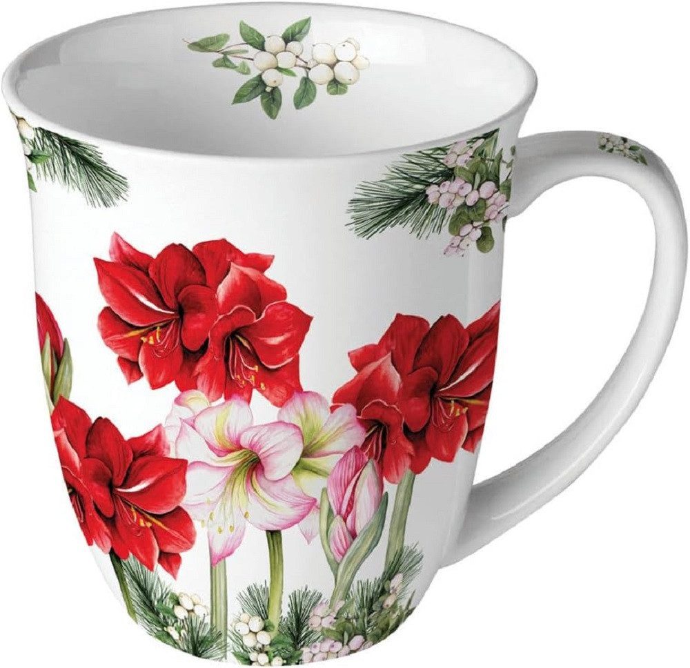 Ambiente Luxury Paper Products Becher Weihnachtsbecher- Silvester - Herbst / Winter Tee - Kaffee Tasse, 1-tlg., Porzellan, Becher Amaryllis - Blumen - Pflanzen, Weihnachten Kollektion, Mug, Weihnachten, Geschenkartikel, Kollektion, Mug, Weihnachten, Geschenkartikel