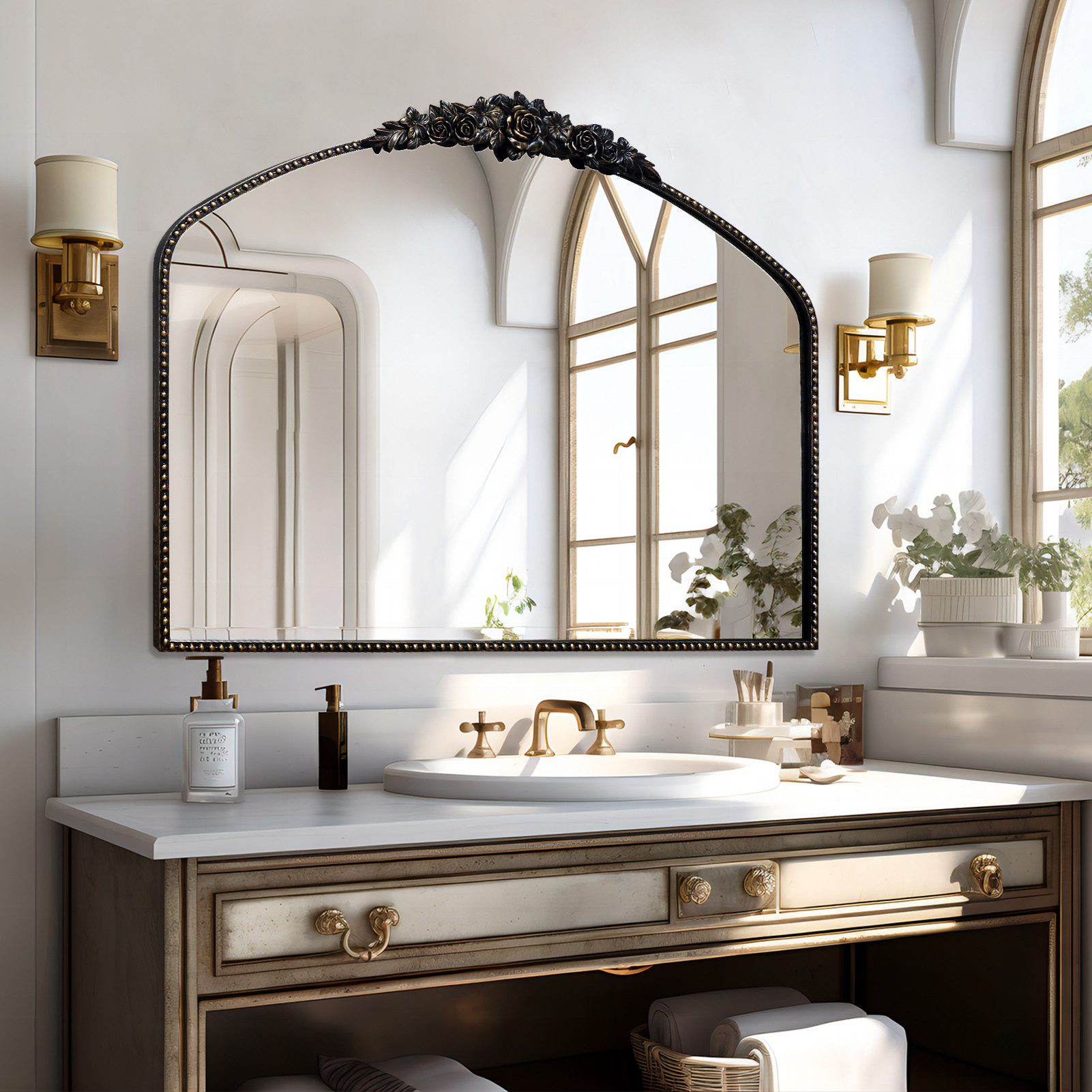 G-LEAF Wandspiegel Bogen-Wandspiegel im Barockstil, Metallrahmen mit Perlenverzierung (1-St), für Eingangsbereich, Badezimmer oder Schlafzimmer, Vintage-Schwarz