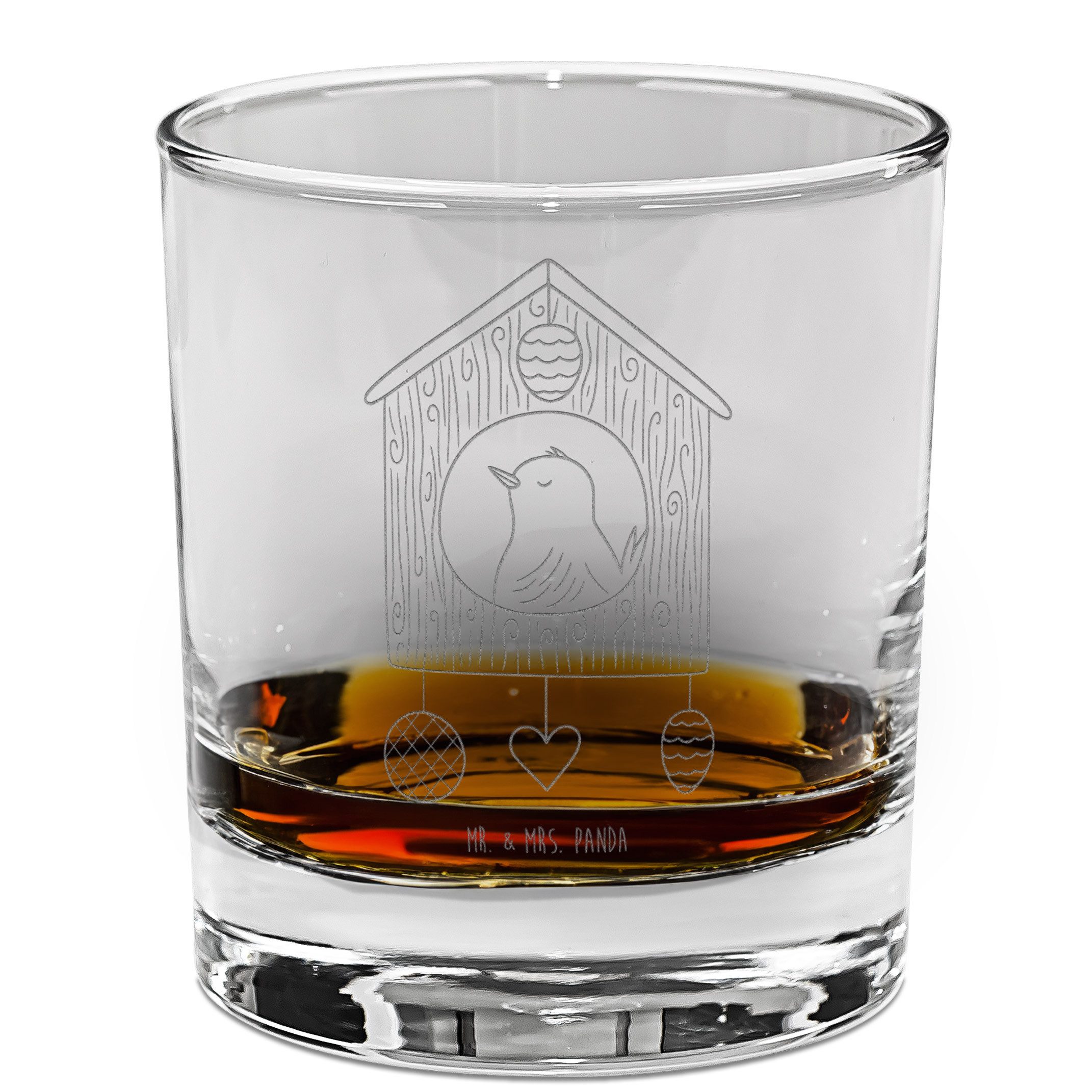 Mr. & Mrs. Panda Whiskyglas Vogel Haus, Scotch Glas, Transparent, Glas, Familie, Gravur Whiskygla, Premium Glas, Vogelhaus Tumbler Glas Vögel