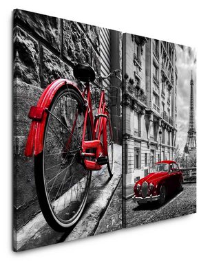 Sinus Art Leinwandbild 2 Bilder je 60x90cm Rotes Fahrrad Paris Oldtimer Schwarz Rot Frankreich Fotokunst Altstadt