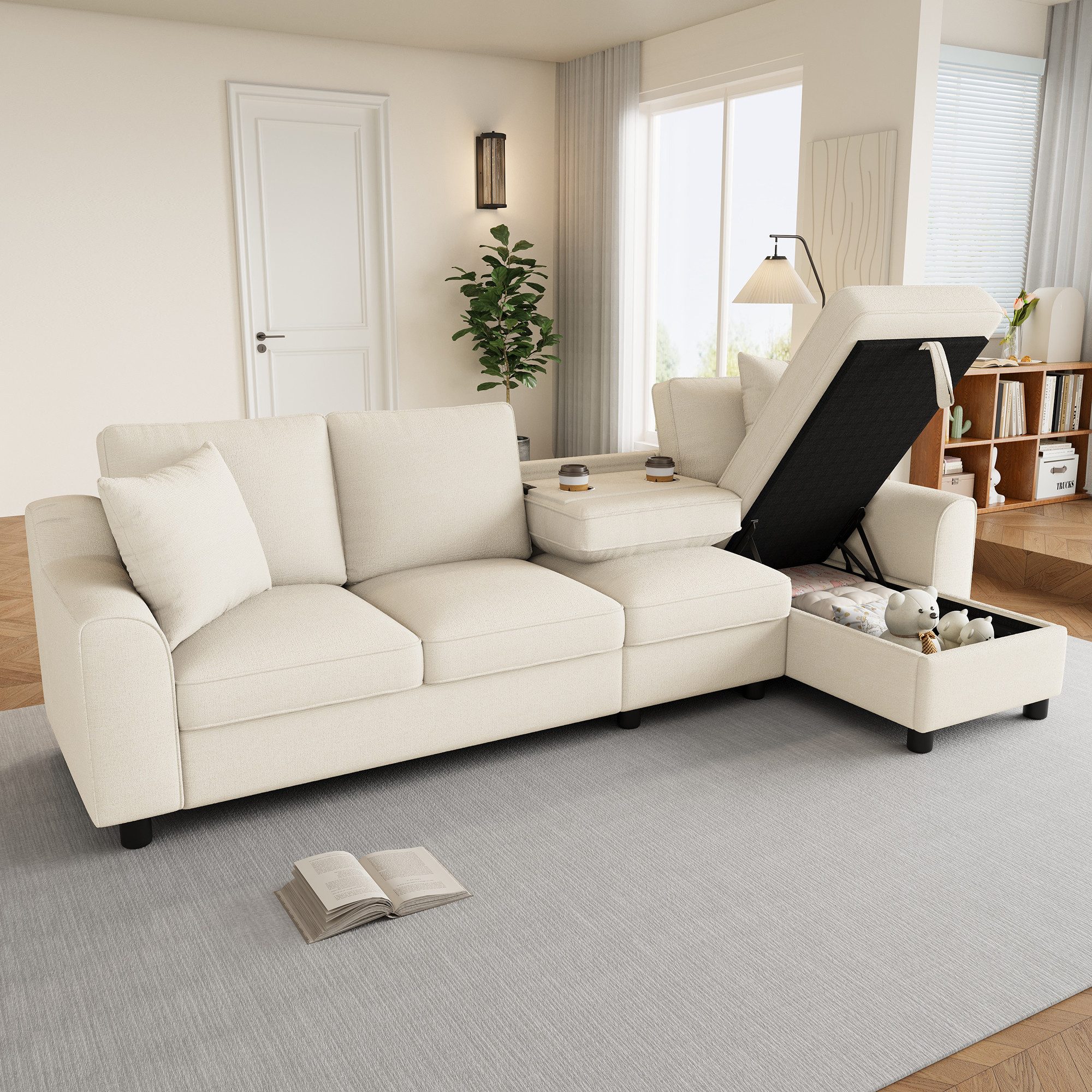 Flieks Ecksofa L-Form Sofa mit Bettkasten, klappbare Rückenlehne mit Getränkehaltern, 280×136×82 cm 1 Teile, multifunktionales modulares Sofa 4-Sitzer Schlafsofa Chenille Beige
