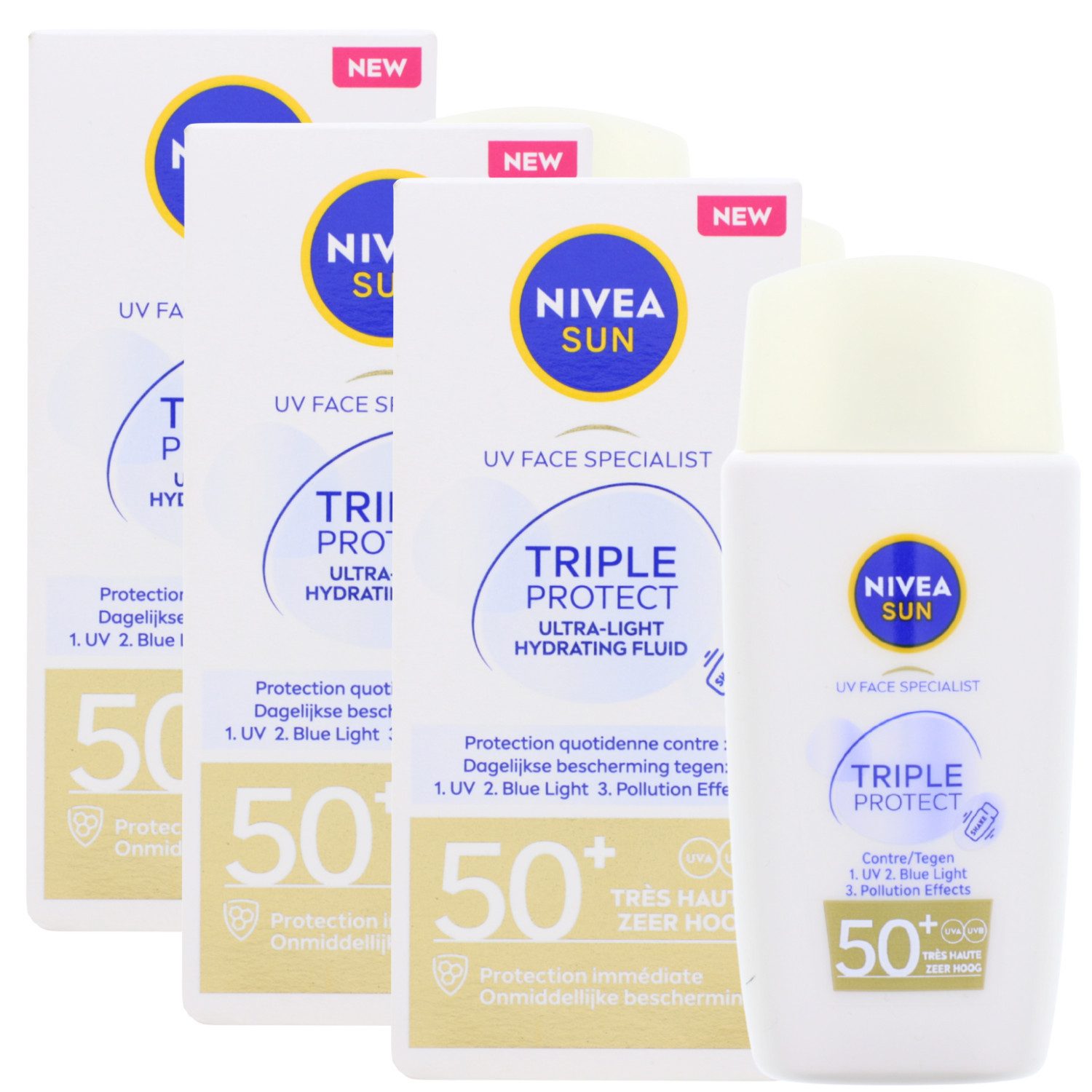 Nivea Sonnenschutzlotion 3x NIVEA SUN Triple Protect LSF50+ tägliche Sonnenpflege mit Hyalurons