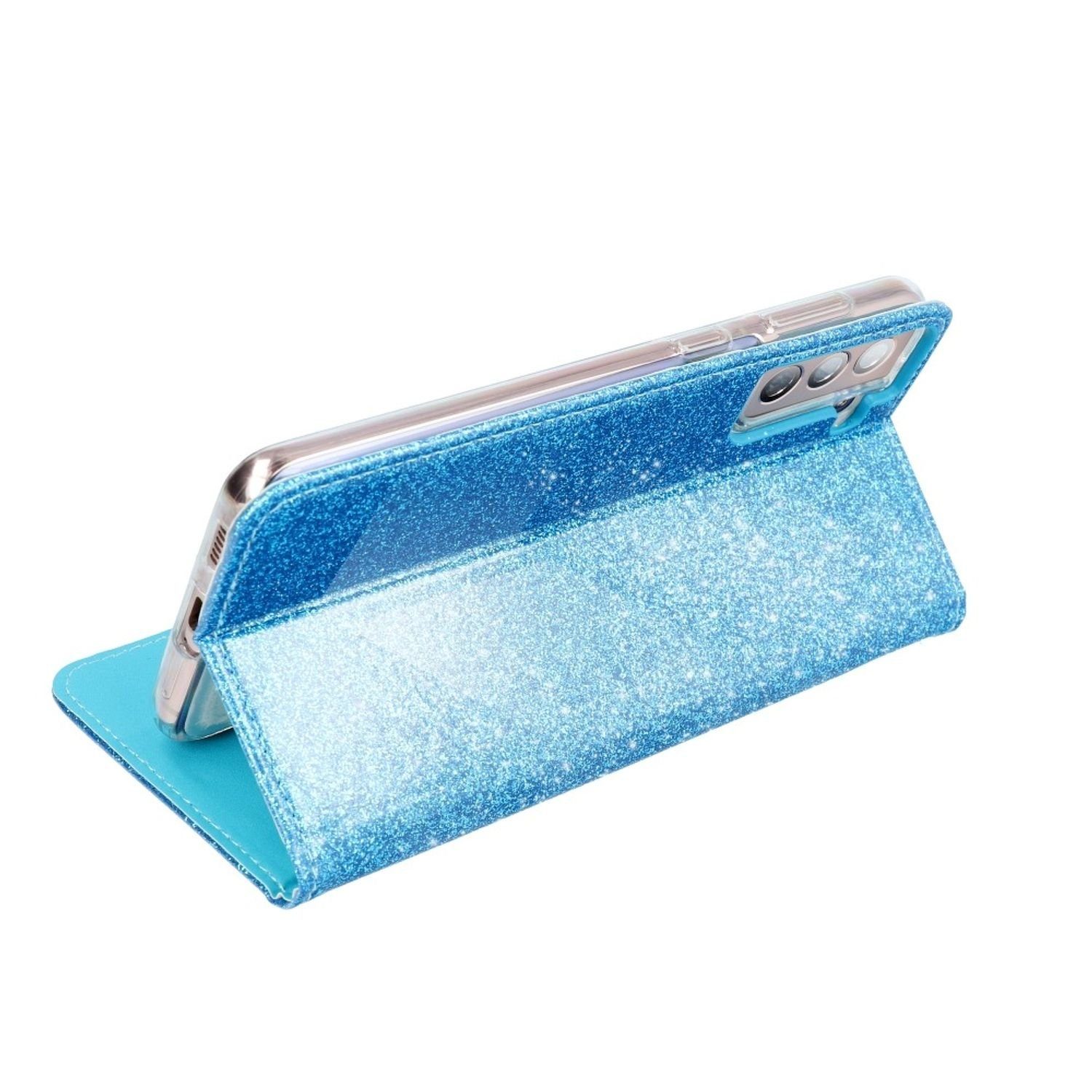 König Design Handyhülle Apple iPhone 13 Pro Max, Apple iPhone 13 Pro Max Tasche Handy Hülle Schutz Cover mit Kartenfach Glitzer Blau