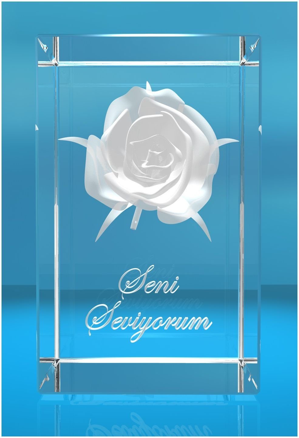 Dekofigur 3D Glasquader I Rose I Text: Seni Seviyorum, Hochwertige Geschenkbox, Made in Germany, Familienbetrieb