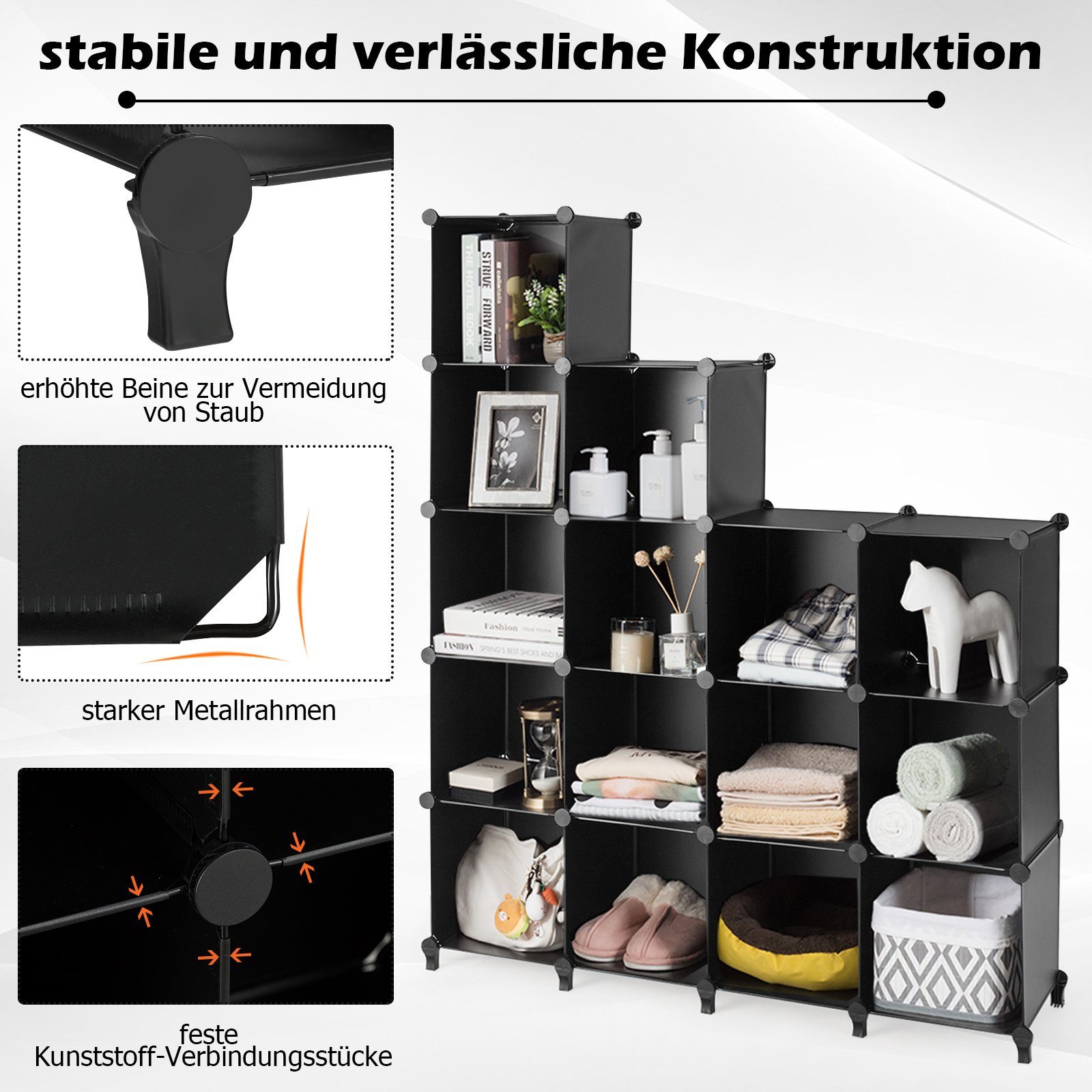 COSTWAY Regalwürfel, 16 Schwarz 129 cm halbtransparent, x 125 x stapelbar, 31 Fächer