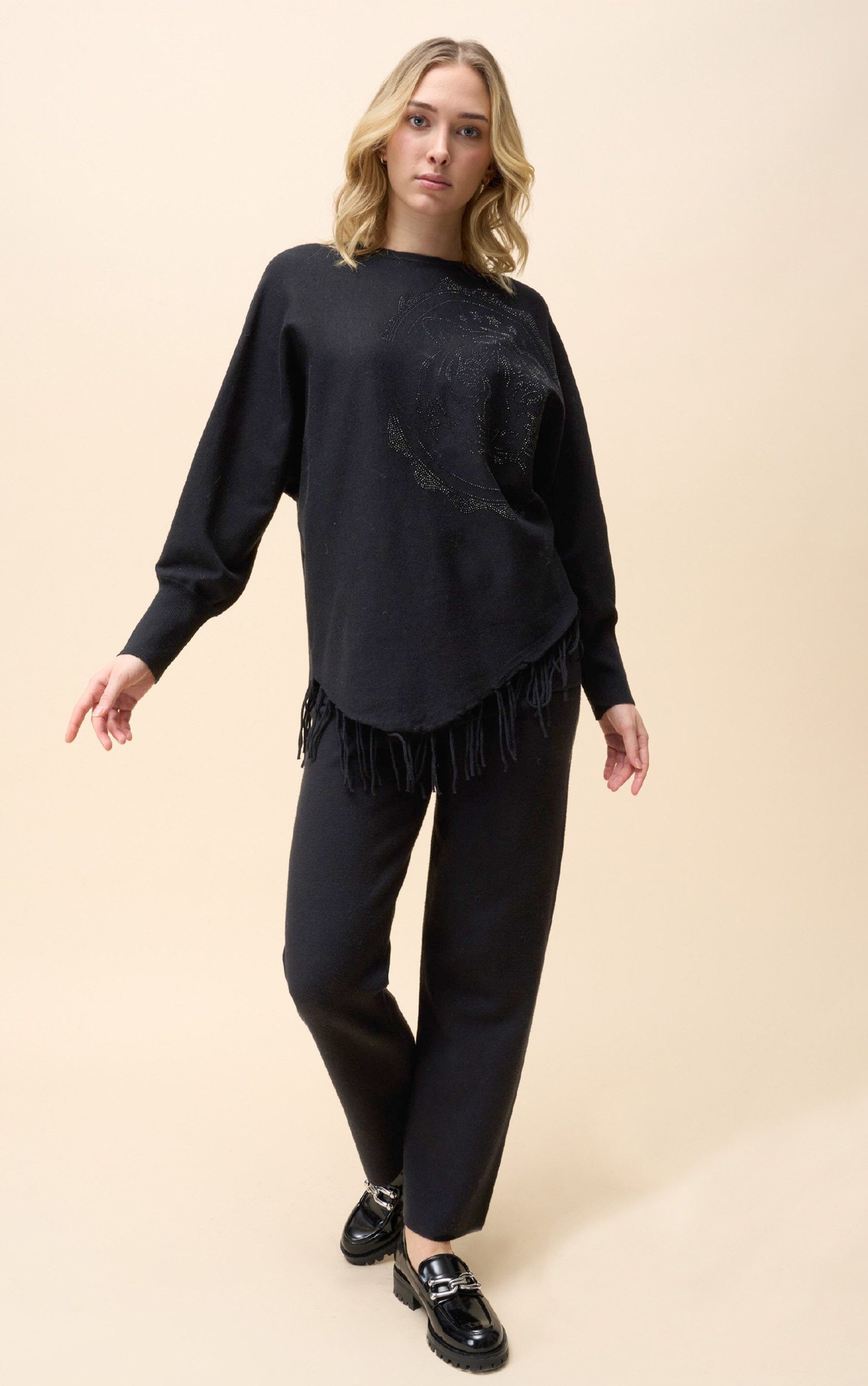 Passioni Strickpullover mit Strassmuster und Fransen günstig online kaufen