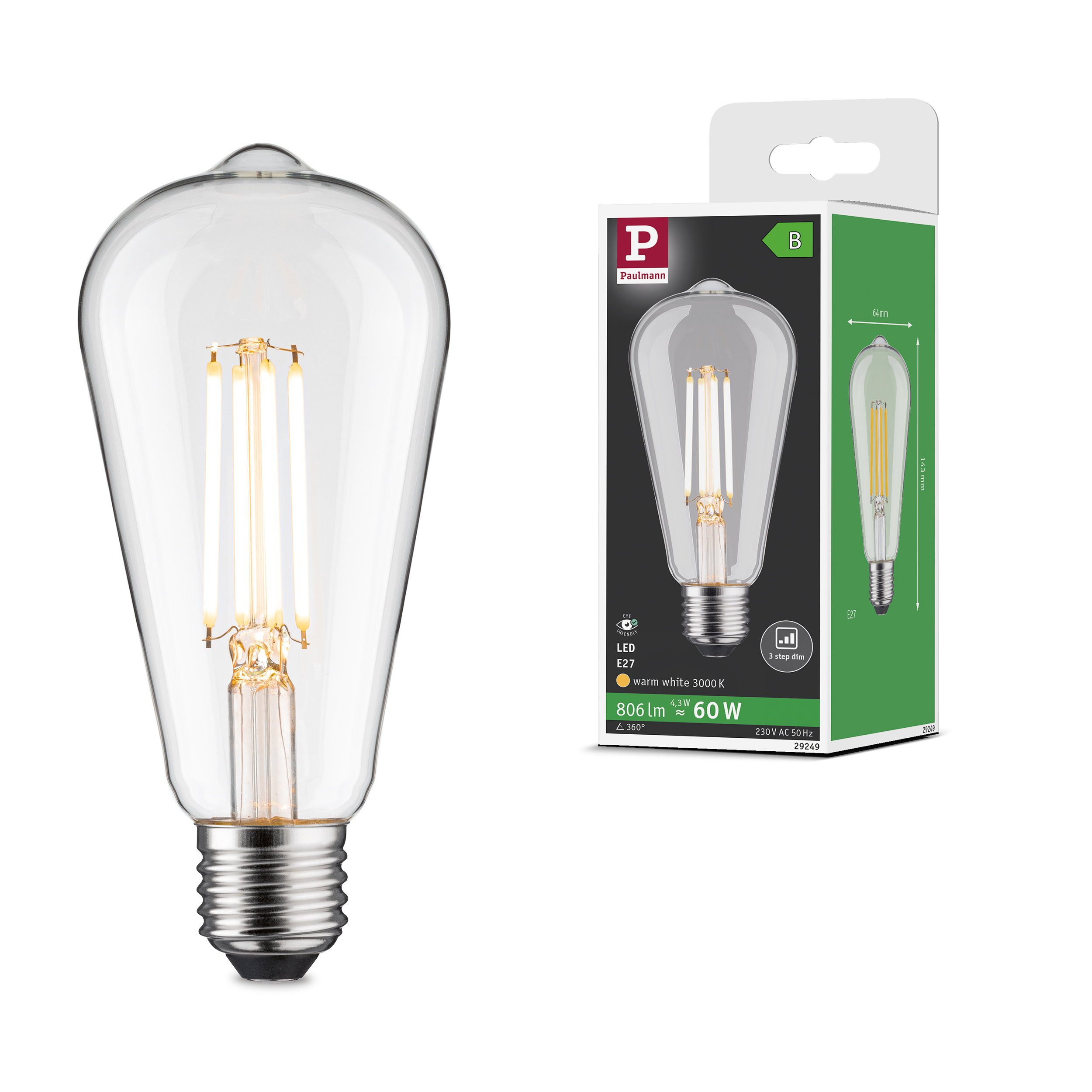 Paulmann LED-Filament Efficient-Line Filament 230V LED Kolben ST64 E27 806lm 4,3W 3000K dimm, E27, 1 St.