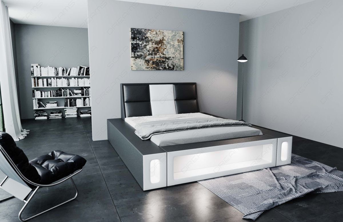 Dreams schwarz-weiß Bett Matratze, Sofa Komplettbett LED mit mit Beleuchtung mit Premium Topper, LED Boxspringbett Beleuchtung, Venosa Mit Kunstleder