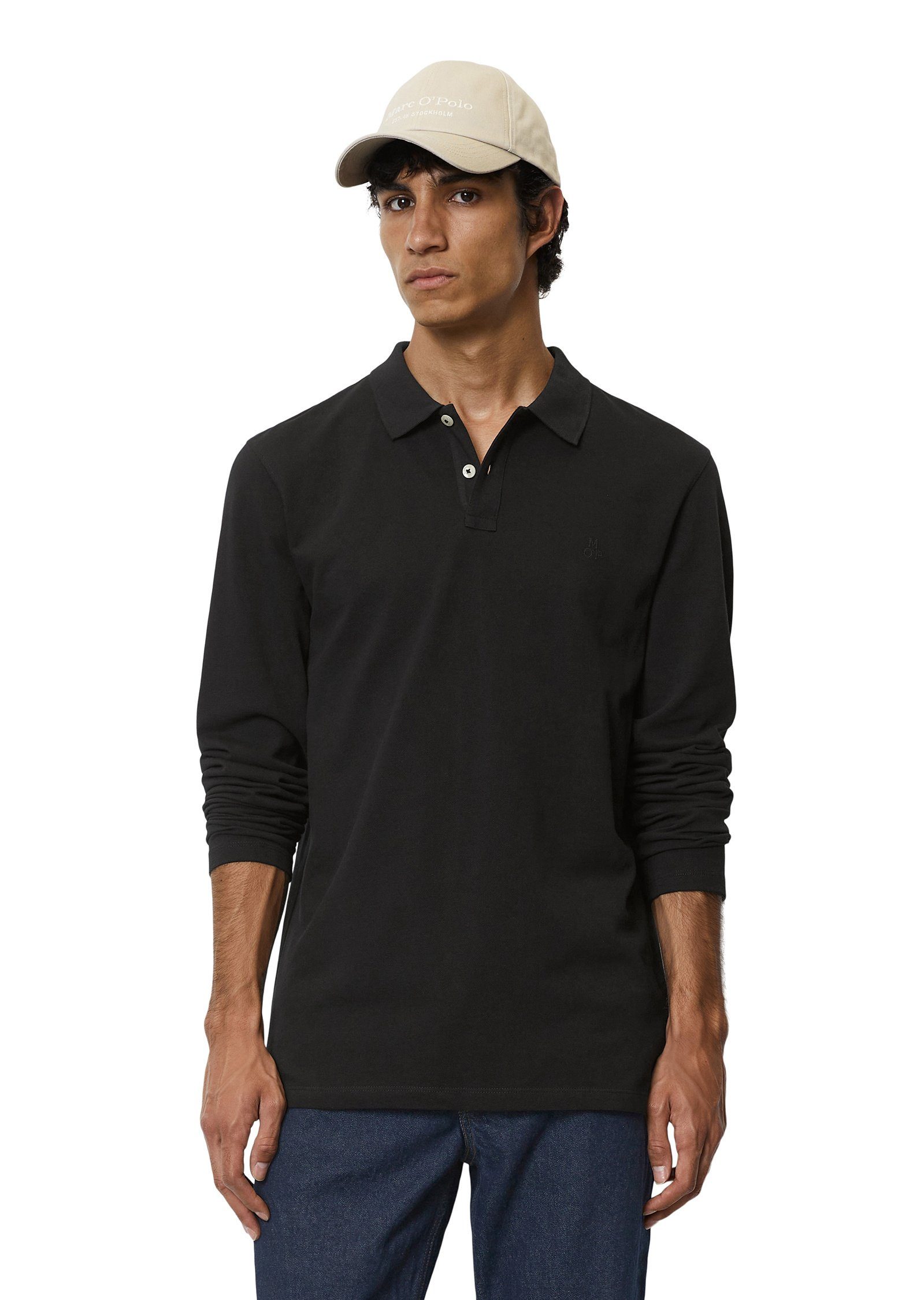 Marc O'Polo Langarm-Poloshirt aus reiner Bio-Baumwolle schwarz