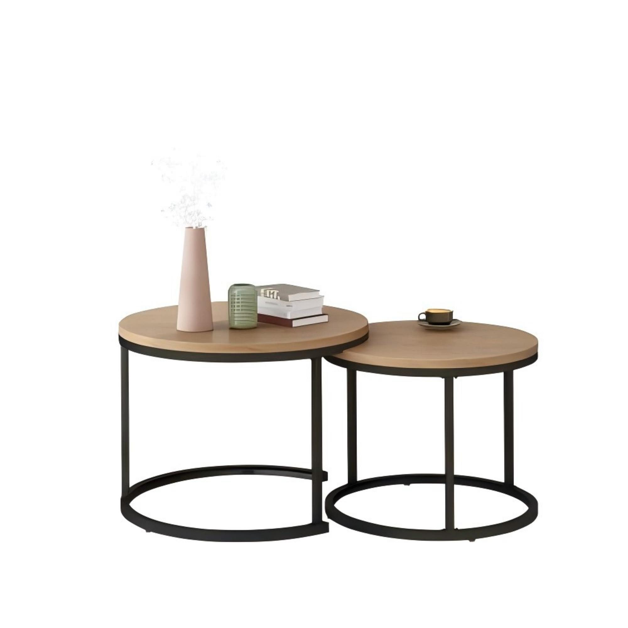 Couchtisch 2er Beistelltisch Kaffeetisch Satz Rund geschachtelt Weiβ/Braun/Natur