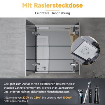 SONNI Badezimmerspiegelschrank spiegelschrank mit LED beleuchtung bad 60 cm breit 2-türig Edelstahl mit Kippschalter, Steckdose, verstellbare Einlegeböden, IP44