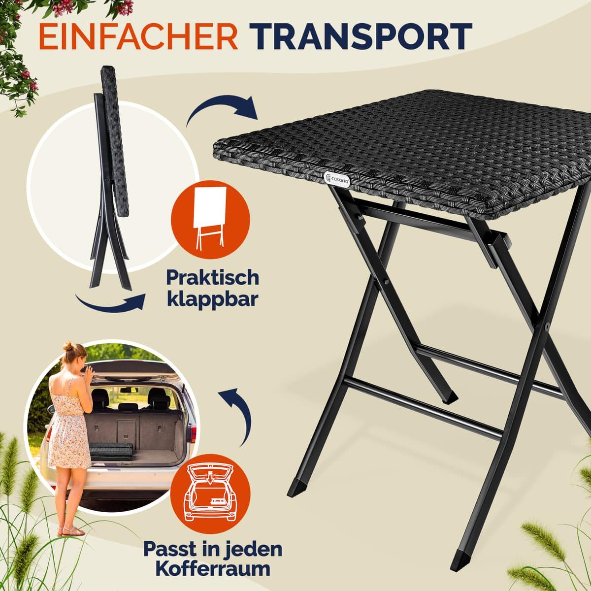 Casaria Klapptisch Rom (1-St), Polyrattan 65x65cm Platzsparend Klappbar Tragbar 60kg Belastbarkeit