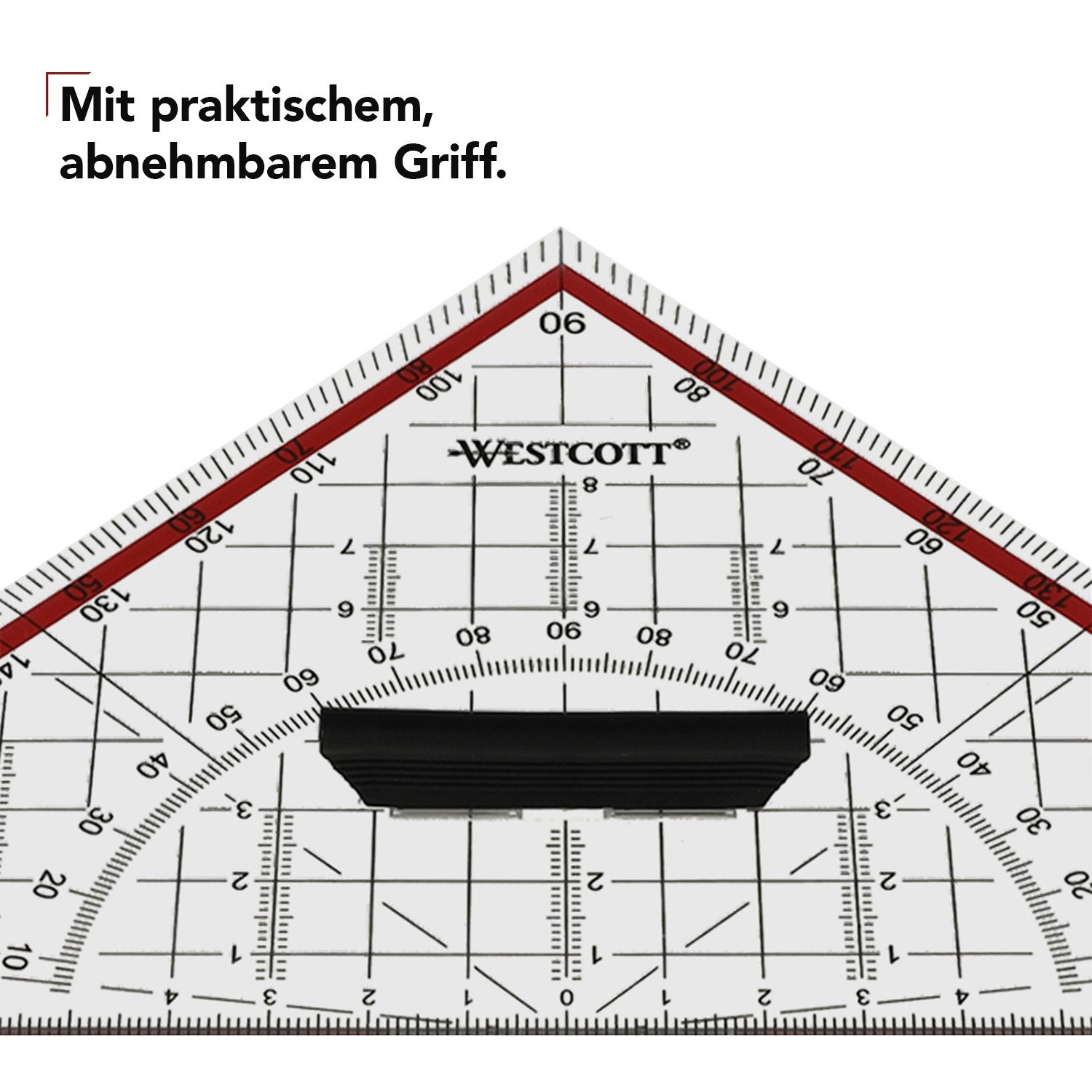 WESTCOTT Geodreieck 22 mm mit abnehmbarem Griff rot, Geodreieck aus Kunststoff, Technische Skala & Winkelmesser für Schule, Uni oder Büro