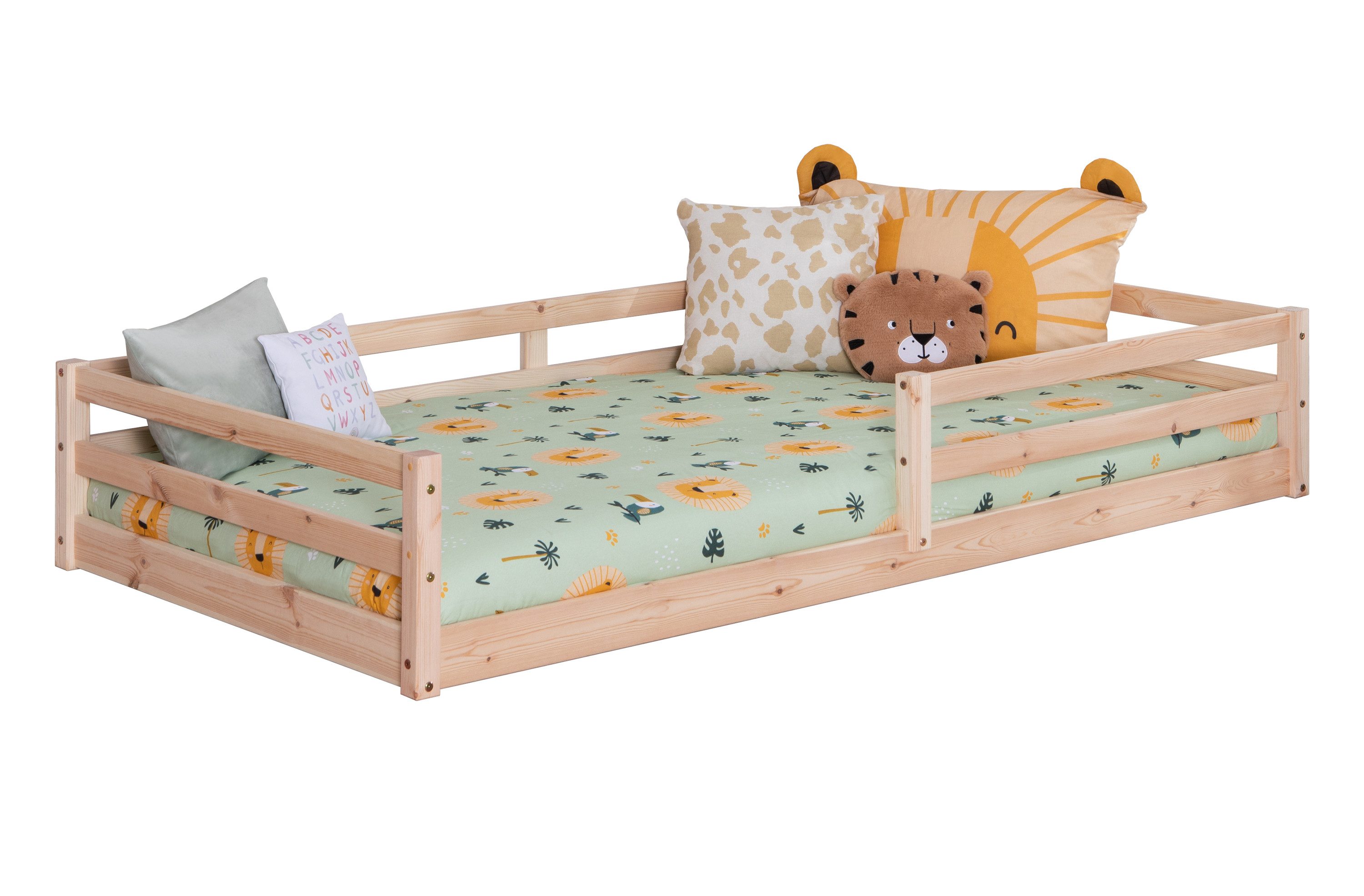 Ticaa Kinderbett Neo Hausbett Bodenbett mit Rausfallschutz 150kg (90x200 aus Kiefer Massivholz), inkl. stabilem Roll-Lattenrost, Natur