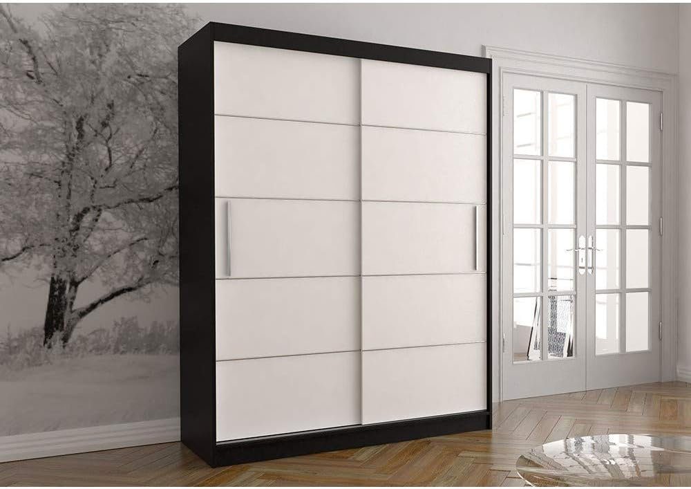 MOEBLO Kleiderschrank LARA 06 und cm mit Weiß (mit dekorativen Schwarz aus Einlegeböden 150x200x61 (BxHxT): | vielen Elementen Gaderobe Aiminium, Kleiderstange), Schrank, Schwebetürenschrank 2-türig