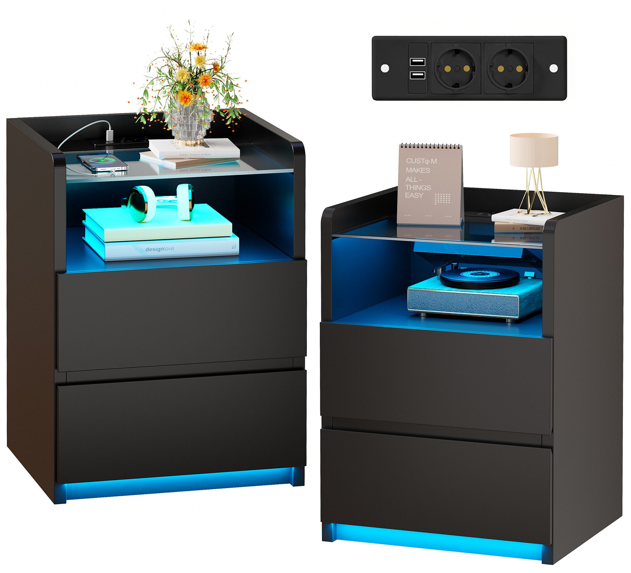 BEWISHOME Nachttisch 2er Set mit RGB-LED-Beleuchtung und Ladestation, 40x35x60 cm (2-St), Gehärtete Glasplatte, 2 Schubladen & Offenes Fach