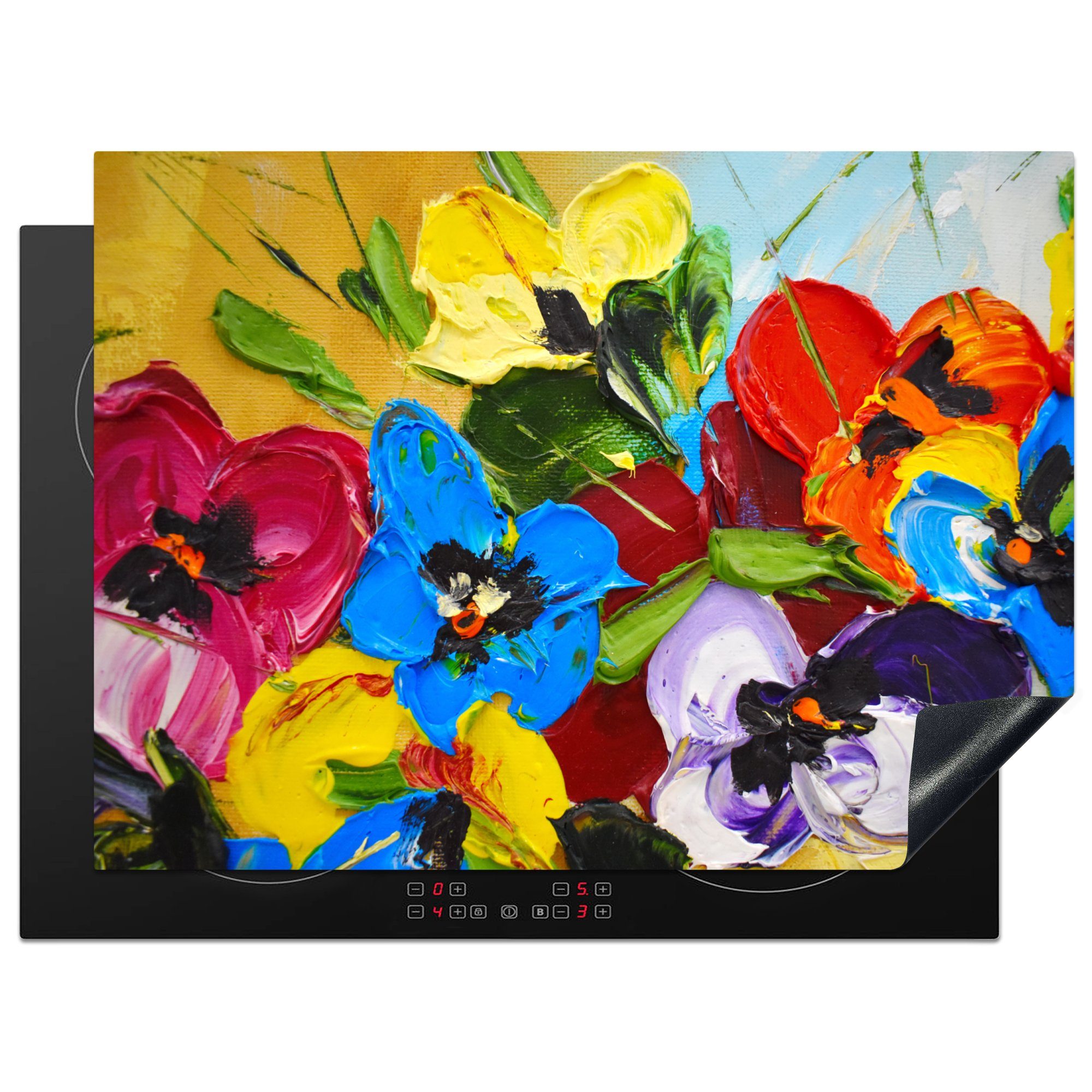 Vinyl, tlg), cm, Mobile Herdblende-/Abdeckplatte Arbeitsfläche MuchoWow Ceranfeldabdeckung nutzbar, (1 - Blumen, Malerei Ölfarbe 70x52 -