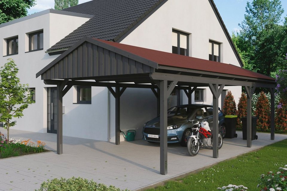 Skanholz Einzelcarport Fichtelberg, BxT: 423x808 cm, 379 cm Einfahrtshöhe,  mit roten Schindeln, Inkl. H-Pfostenanker, Pfostenstärke (BxT): ca. 12x12 cm