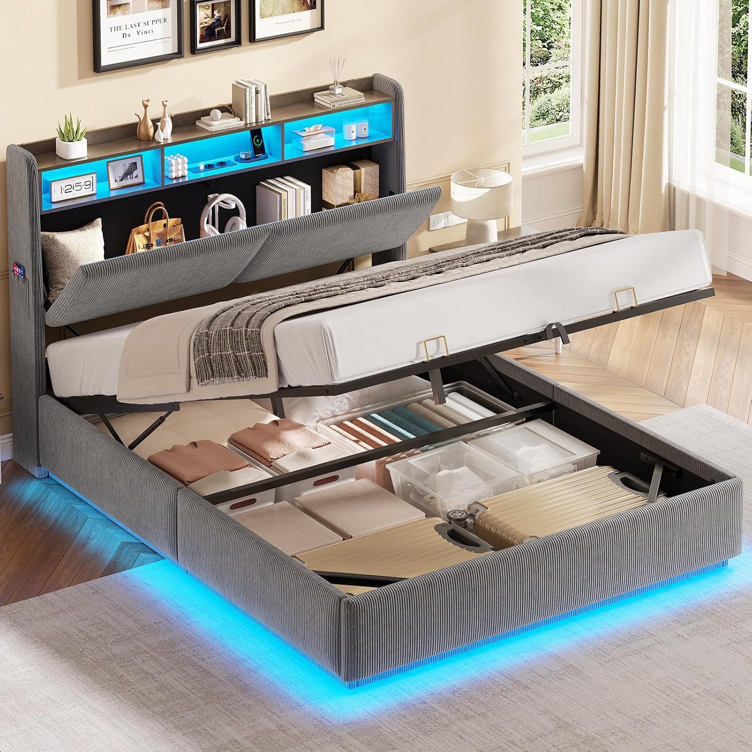 MSMASK Polsterbett Hydraulisches Stauraumbett mit LED Beleuchtung und Steckdosen (1-tlg., Ohne Matratze), Jugendbett mit Stauraum Kopfteil, 140x200cm – Bild 3 von 5