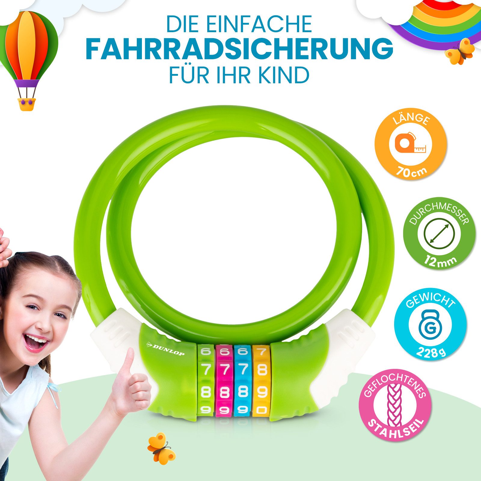 Dunlop Zahlenkettenschloss Fahrradschloss Zahlenschloss Kinder Fahrrad Schloss Sicherheitsstufe 5