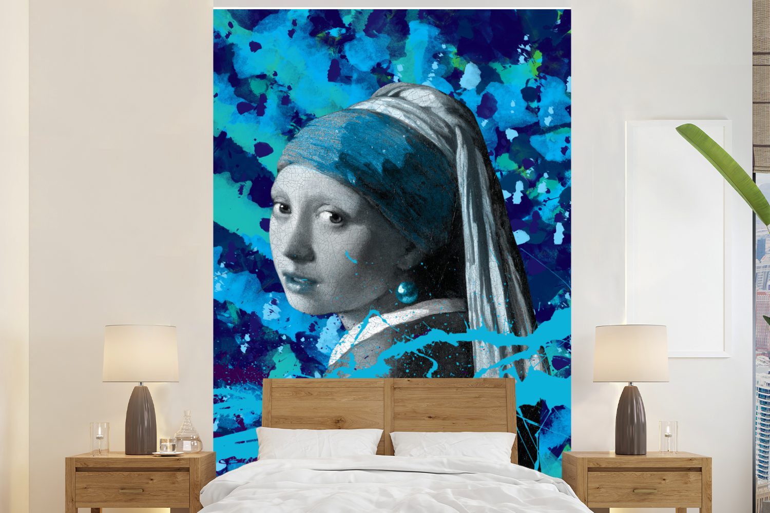 MuchoWow Fototapete Mädchen mit einem Perlenohrring - Johannes Vermeer - Blau, Matt, bedruckt, (3 St), Montagefertig Vinyl Tapete für Wohnzimmer, Wandtapete