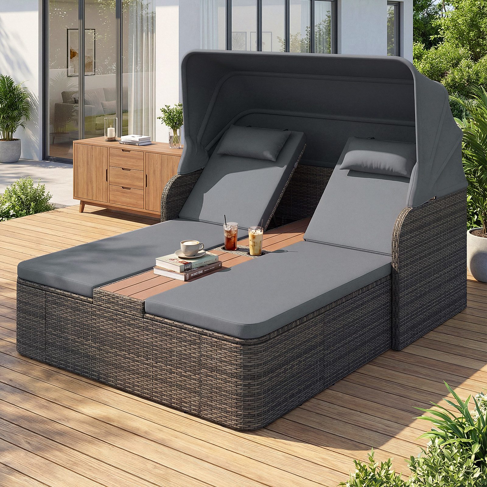 COSTWAY Loungebett, Sonnenliege Rattan mit faltbarem Sonnendach, 2 Personen