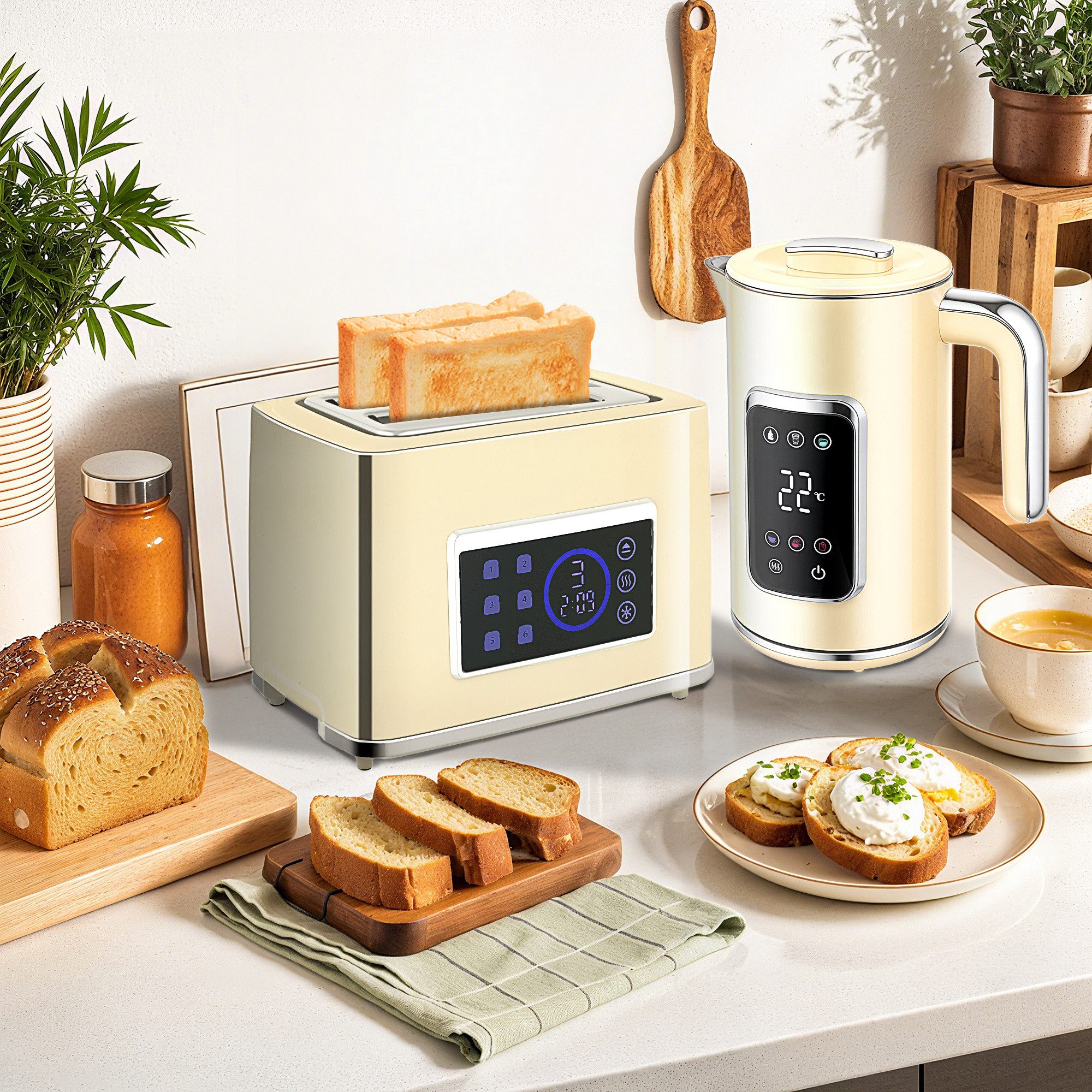 HOMCOM Тостеры 1.7 Liter, 2-Schlitz-Toaster, Kocher-Toaster-Set, für Frühstückszubereitung, 2200 W, LED-Touchscreen, Cremeweiß