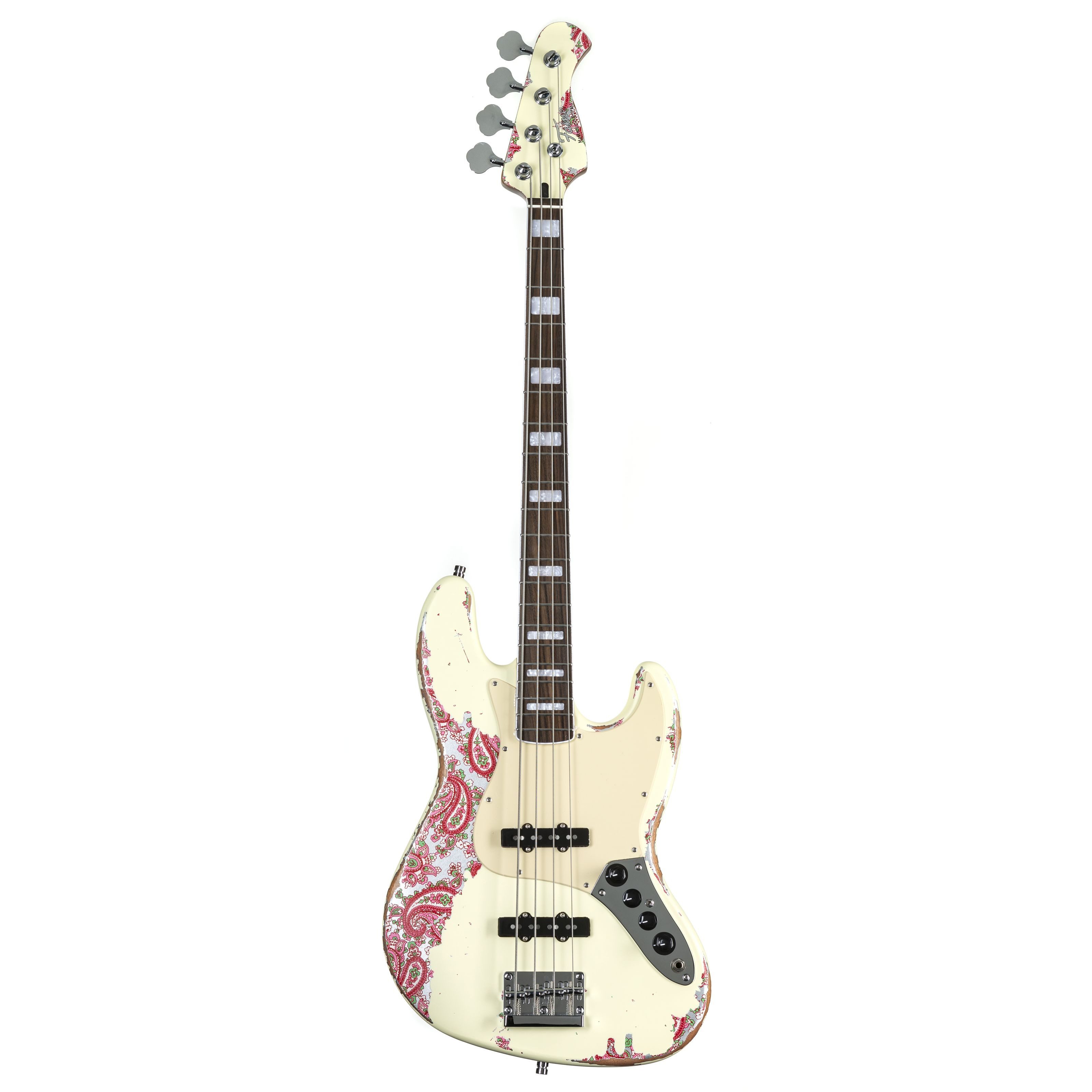 FAME E-Bass, E-Bässe, 4-Saiter E-Bässe, Custom JB 4 Worn Vintage White over Pink Paisley - E-Bass