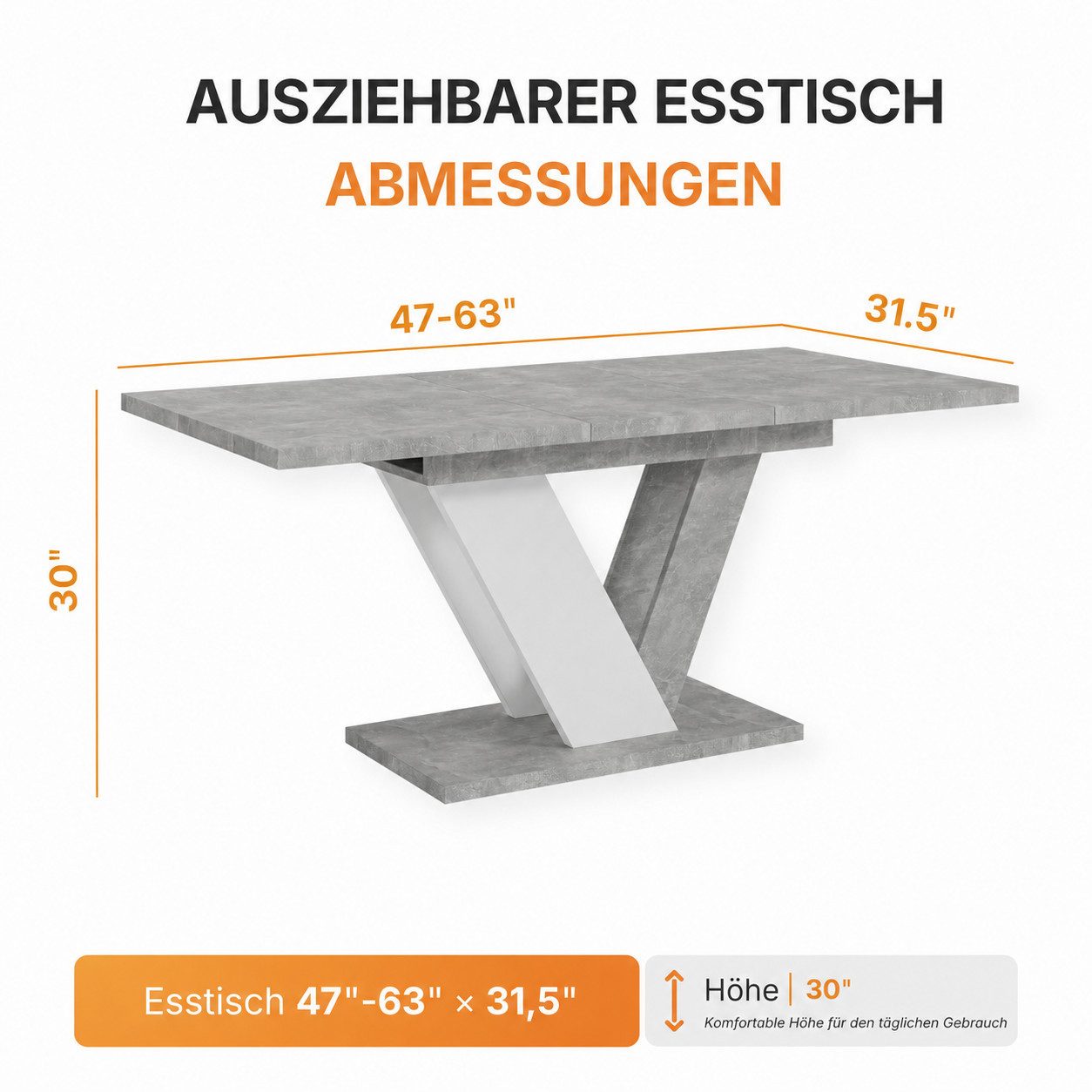 Home Collective Esstisch ausziehbar Tisch Küchentisch Esszimmertisch Ausziehtisch (Esszimmer Küche Wohnzimmer Esstisch erweiterbar), modernes Design mit V-Gestell 120-160x80 cm Steingrau