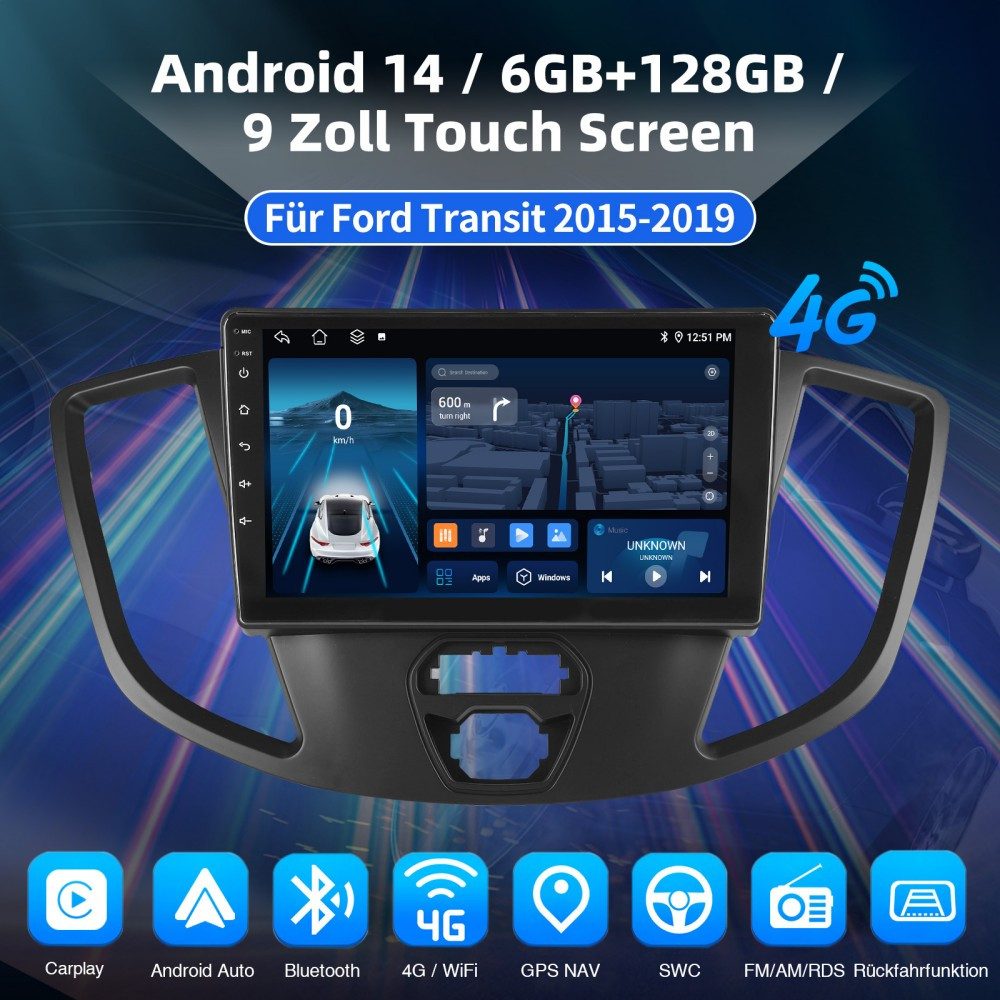 ESSGOO 6+128G DAB+ Carplay Android15 Autoradio Für Ford Transit 2015-2018 GPS Autoradio (RDS, 6GB+128GB, 4G LTE, DAB (optional), FM, AM, Carplay Android Auto Bluetooth EQ USB GPS Navi WIFI Touchscreen)