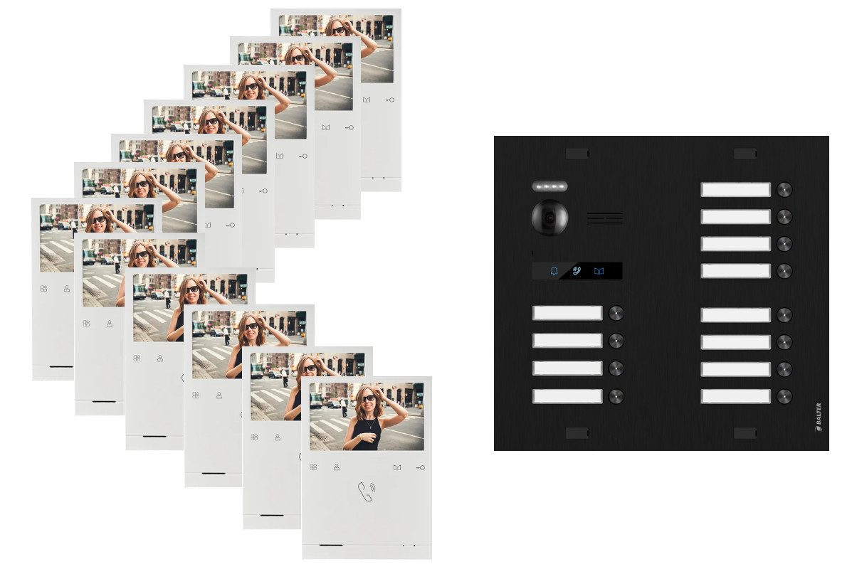 Balter Video-Türsprechanlage BALTER Türsprechanlage EVO QUICK mit 12x 4,3 12-Familienhaus Schwarz (Set, 4-Familienhaus, Komplettset, Analog 150° Kamera, Farbdisplay-Monitor)