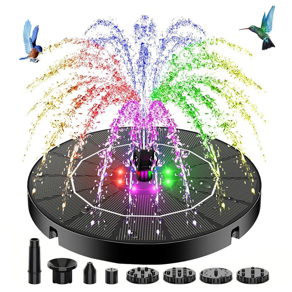 MOPUEA Gartenbrunnen Gartenbrunnen LED-Solarbrunnen, erhältlich mit und ohne Beleuchtung, (1 tlg), mit 4 Düse, Solar Schwimmender Fontäne Pumpe für Garten, Teich