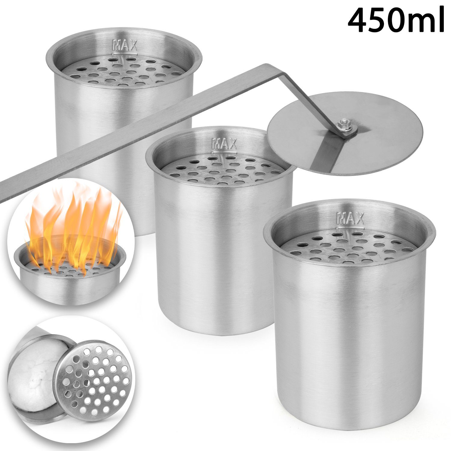 Moritz Leerdose 3x Edelstahldose 0,45l mit Wolle und Flammenkiller, Kaminzubehör Ethanolkamin Watte Schwamm Wolle