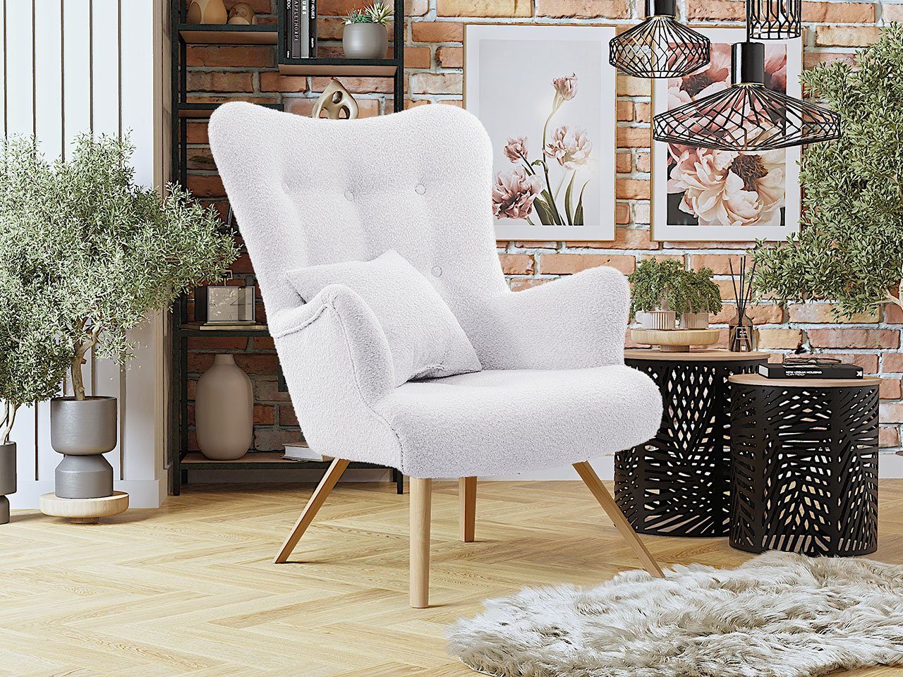 MIRJAN24 Sessel Skand Boucle (mit Wellenfeder), mit Kissen, Freistehender, skandinavischen Stil