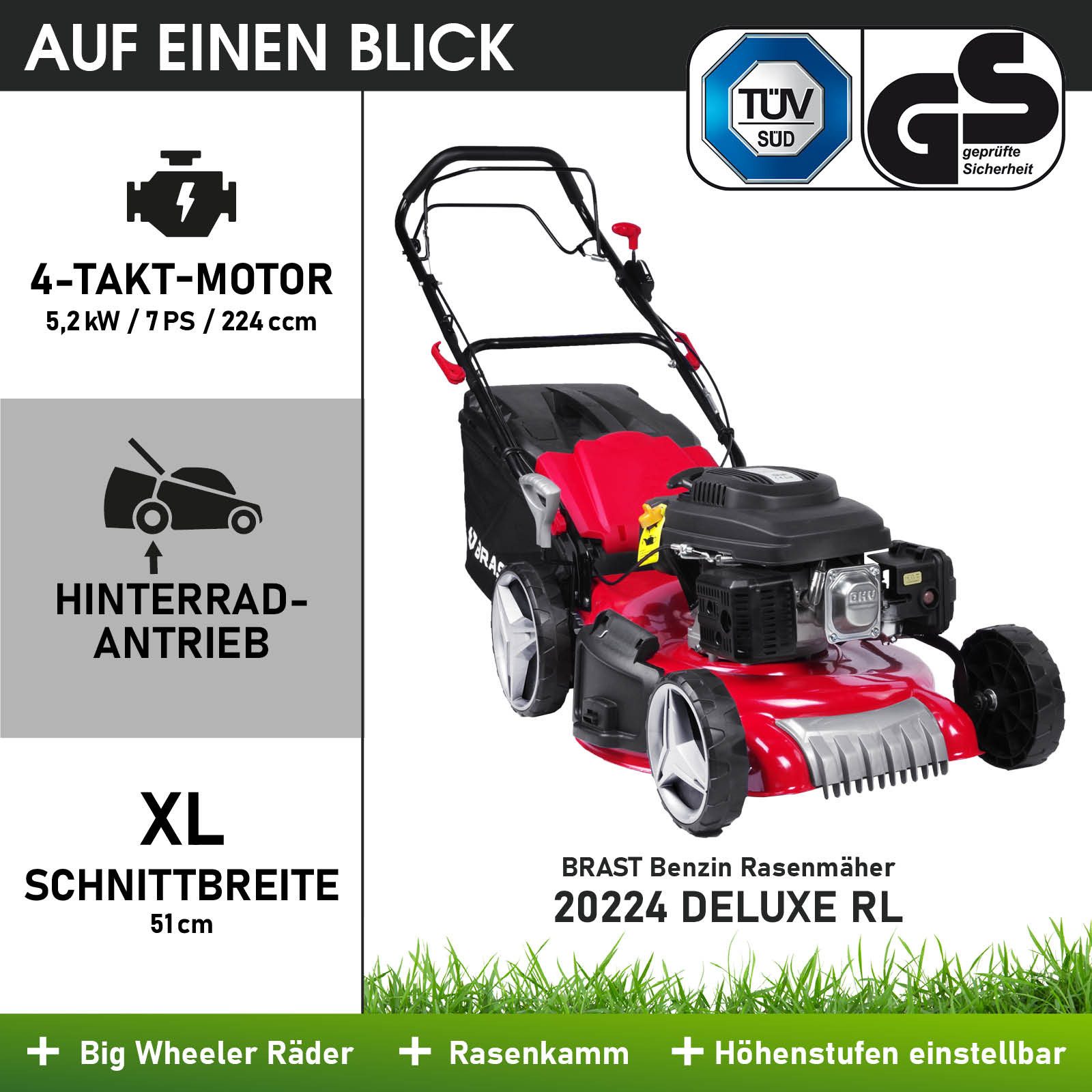 BRAST Benzinrasenmäher 7PS RED LINE mit Antrieb, 51 cm Schnittbreite, TÜV geprüft, 4 Takt OHV Motor 60L Fangkorb, massives Stahlgehäuse
