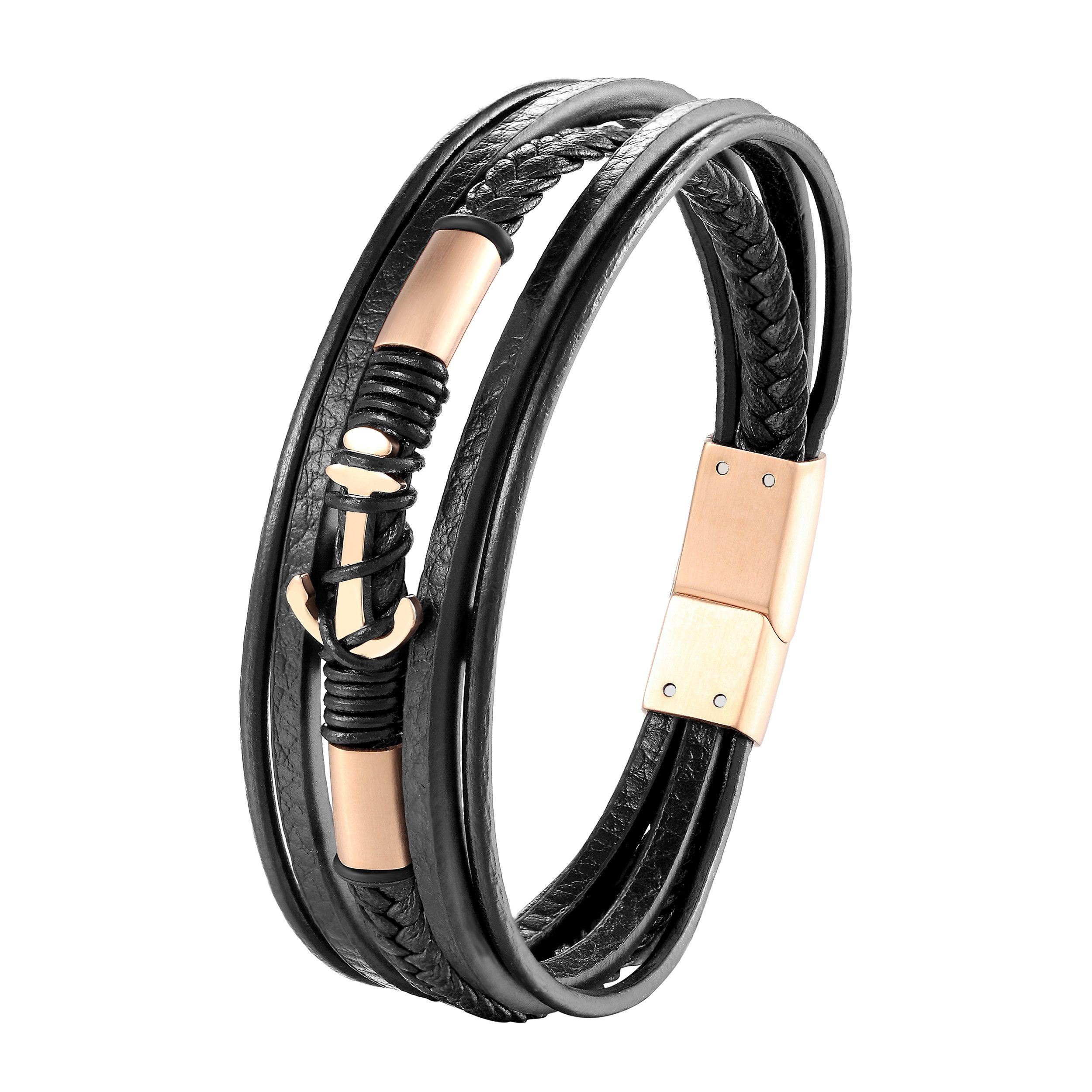 Lederarmband Männer Mehreihiges Lederarmband Anker Edelstahl Elemente 21cm BLQ263