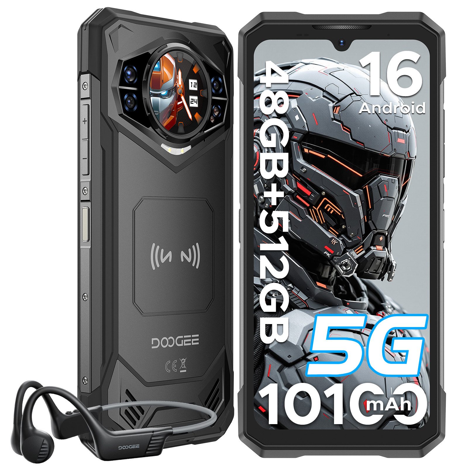 DOOGEE S200X, inkl. Knochenschall-Kopfhörer, 5G 10100mAh Android 16 Outdoor Smartphone (6.72 Zoll, 512 GB Speicherplatz, 100 MP Kamera, 12GB, KI-Assist. & KI-Fotoalb. IP68, 1,32" AMOLED Sekundärdisplay)