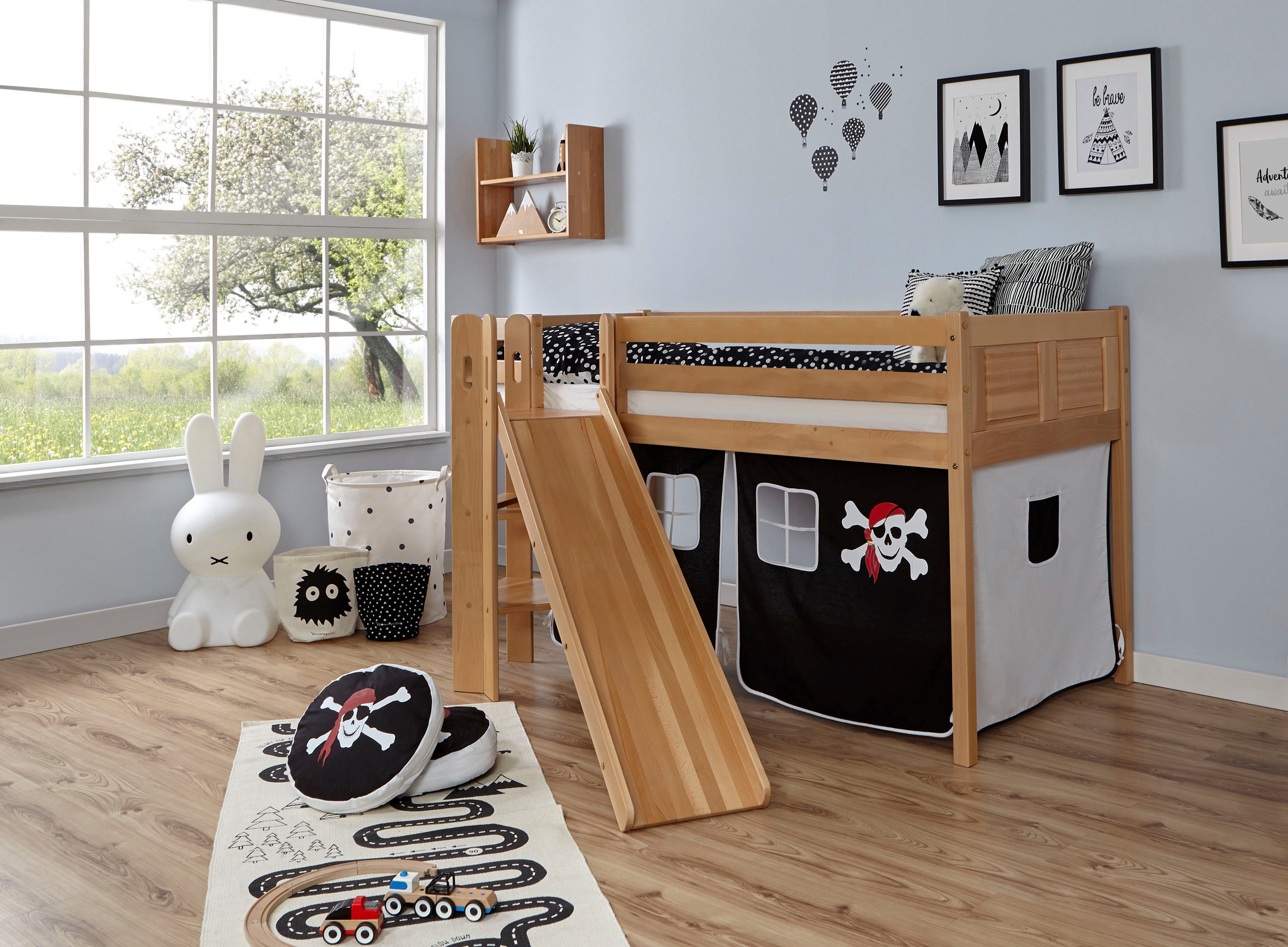 Ticaa Hochbett Ekki mit Rollrost und Textil-Set wahlweise mit Matratze, Buche