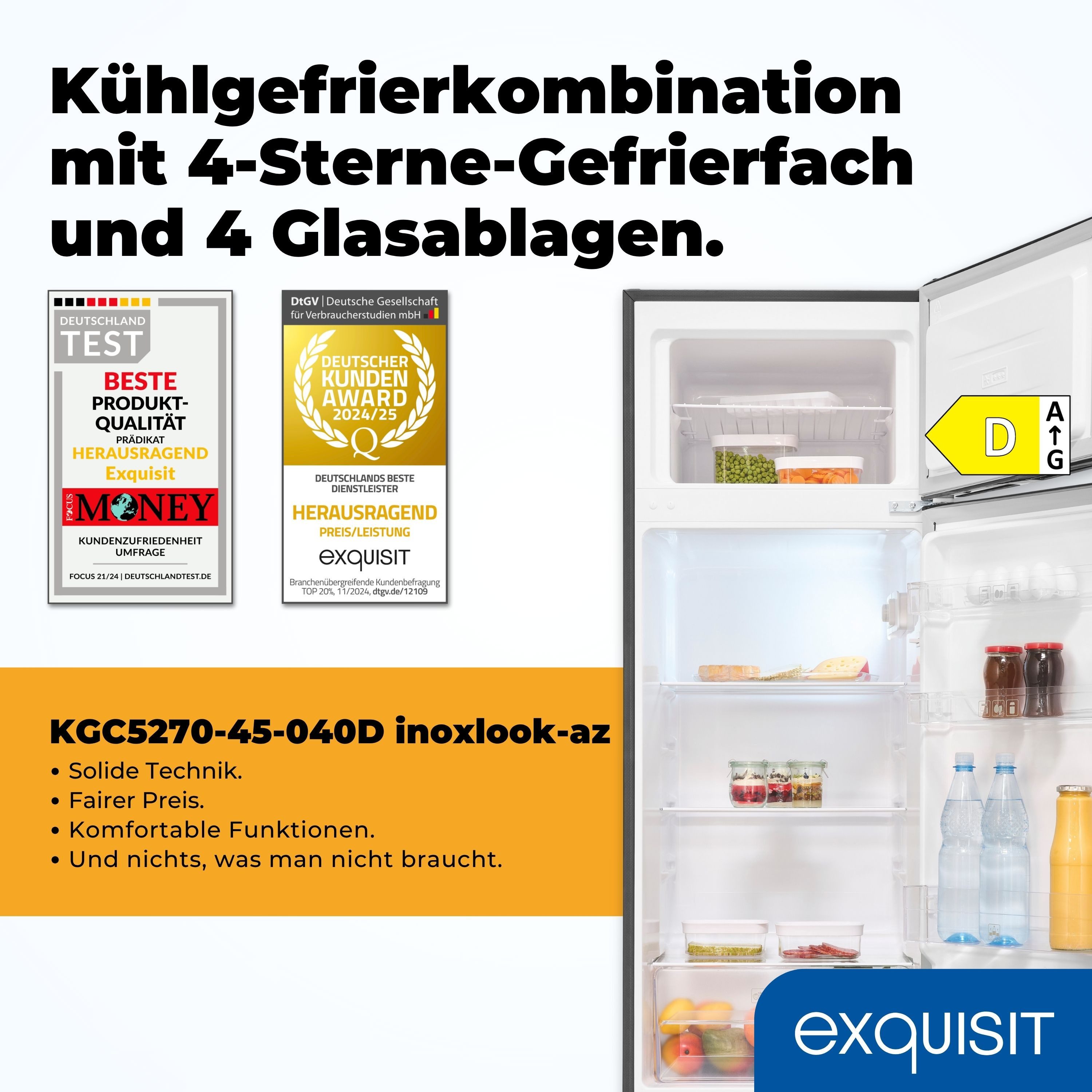 exquisit Kühl-/Gefrierkombination KGC5270-45-040D, 142.6 cm hoch, 54.5 cm breit, 4-Sterne-Gefrierfach, Türdichtung wechselbar, LED-Beleuchtung