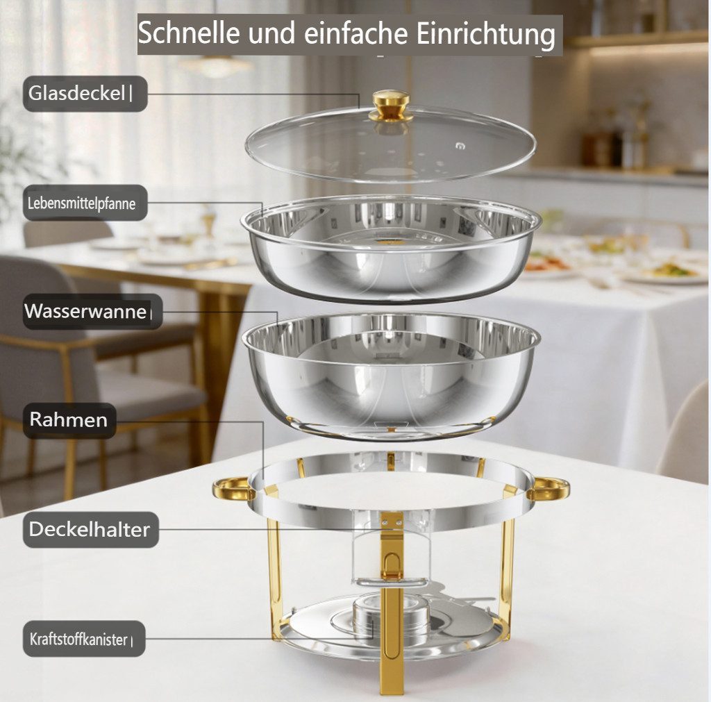 Warmounts Speisenwärmer 6,15L Chafing Dish Speisenwärmer Set, (2-tlg., Rund, 6,5 QT Edelstahl mit Deckelhalter und Glasdeckel), Buffet Warmhalter-Set für Cateri – Bild 4 von 5
