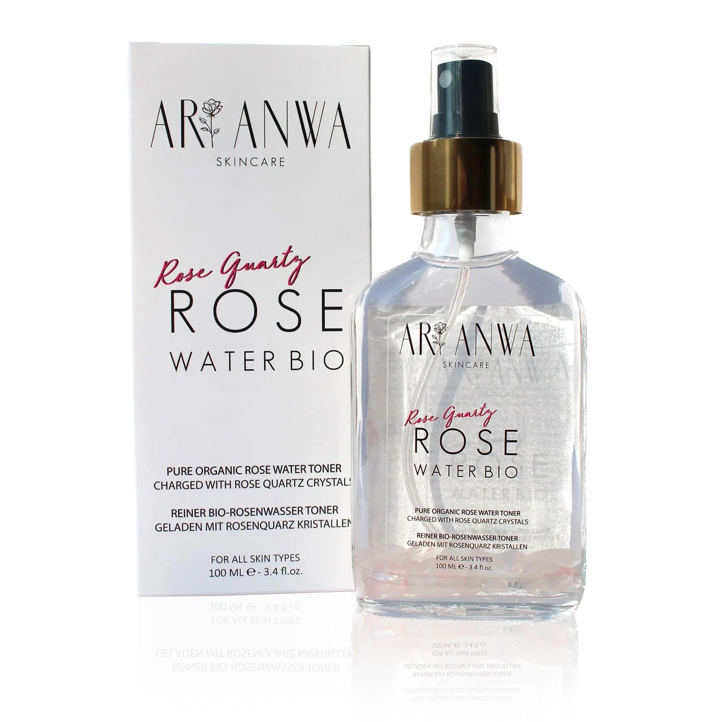 Gesichtswasser Bio Rosenwasser Spray mit Rosenquarz, Gesichts- und Körperspray