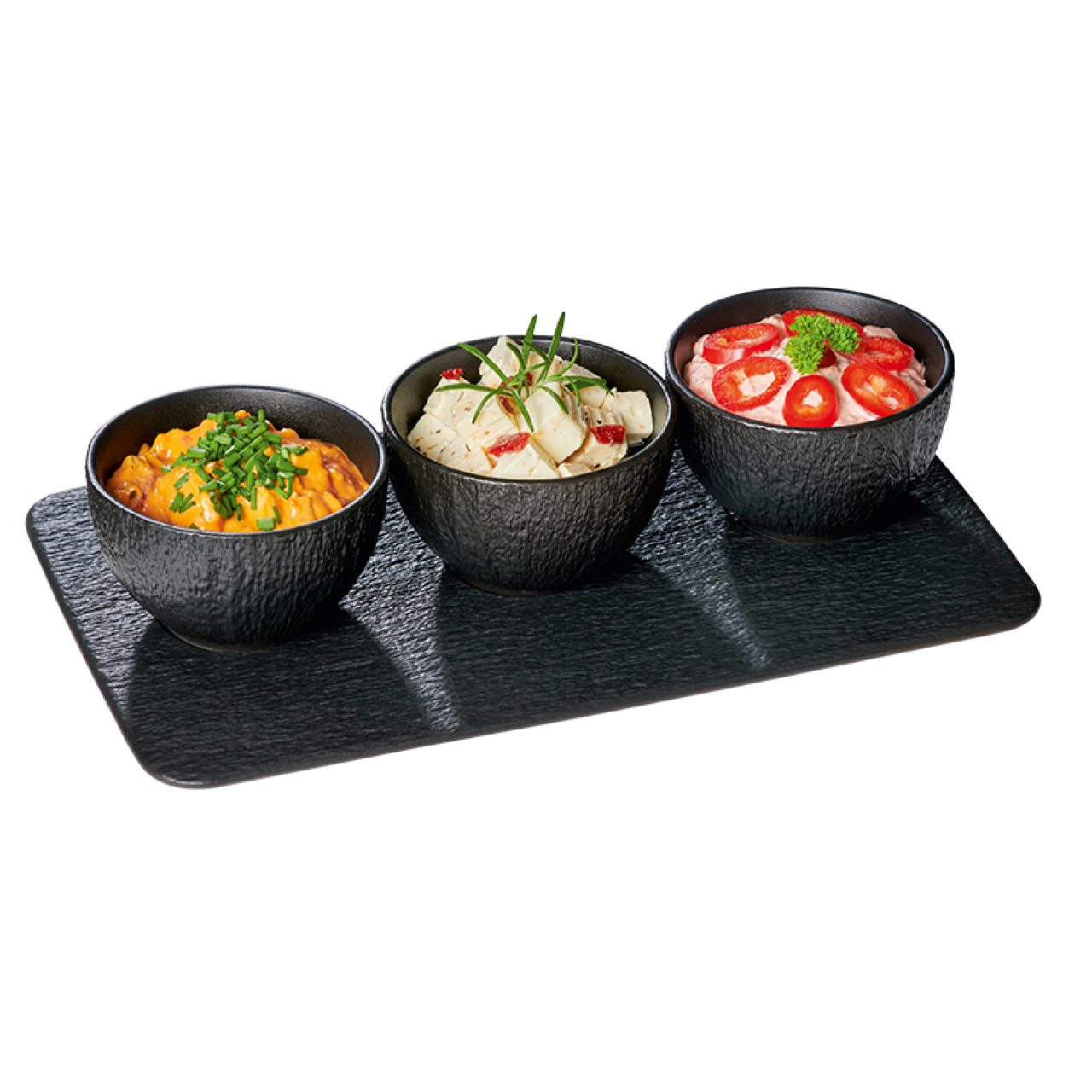 CHEF CUISINE International Dipschale 3er Set, ø 9 cm, inklusive Tablett, Schieferoptik, Porzellan