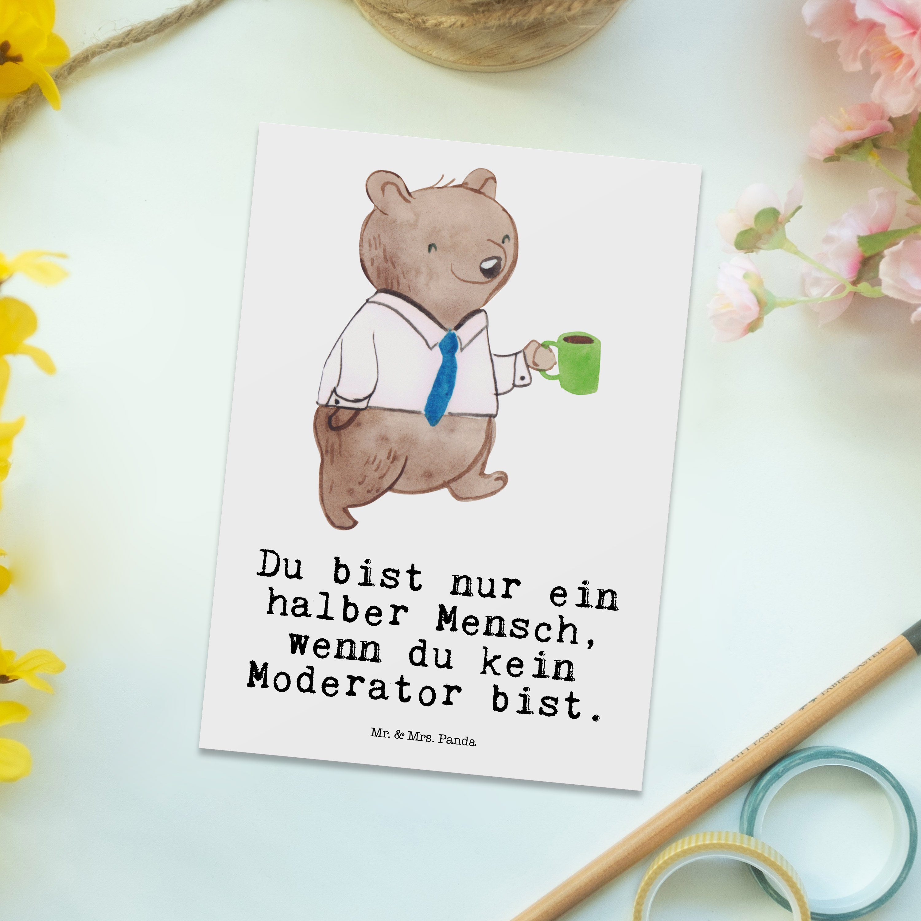 Postkarte Weiß Herz Panda Mrs. - Mr. Karte, Dankeschö Moderator Geschenkkarte, & Geschenk, mit -