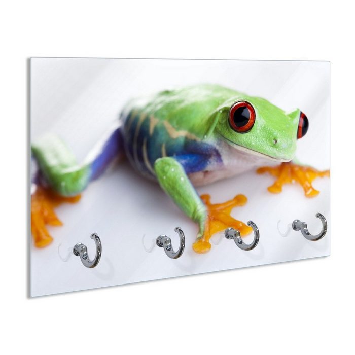 Wallario Schlüsselbrett Lustiger Frosch in grün und orange (inkl. Aufhängeset) 30x20cm aus ESG-Sicherheitsglas