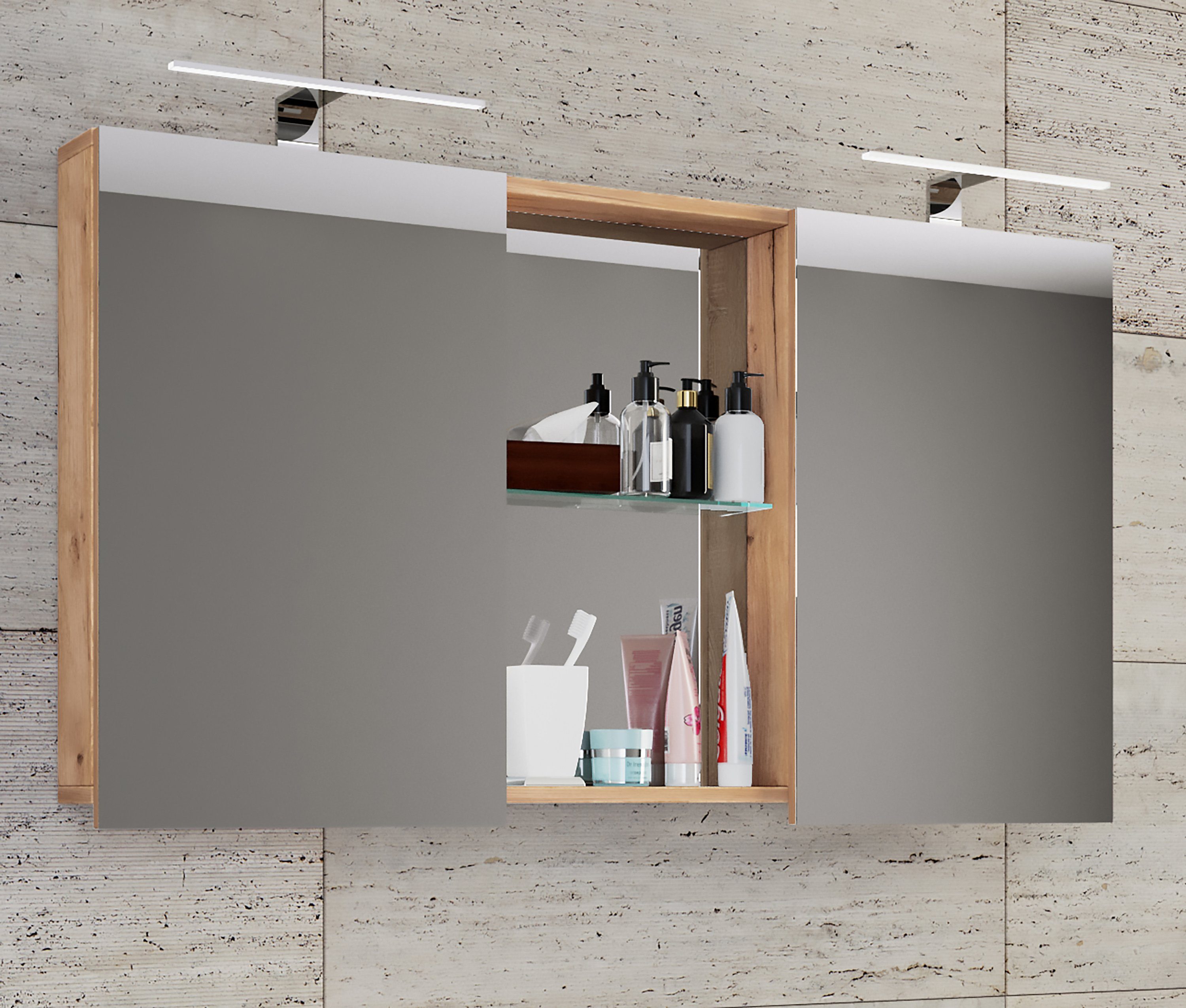 Budasi (1-St) Honig-Eiche Spiegelschrank Spiegelschrank mit Breiter Spiegel Ablage VCM