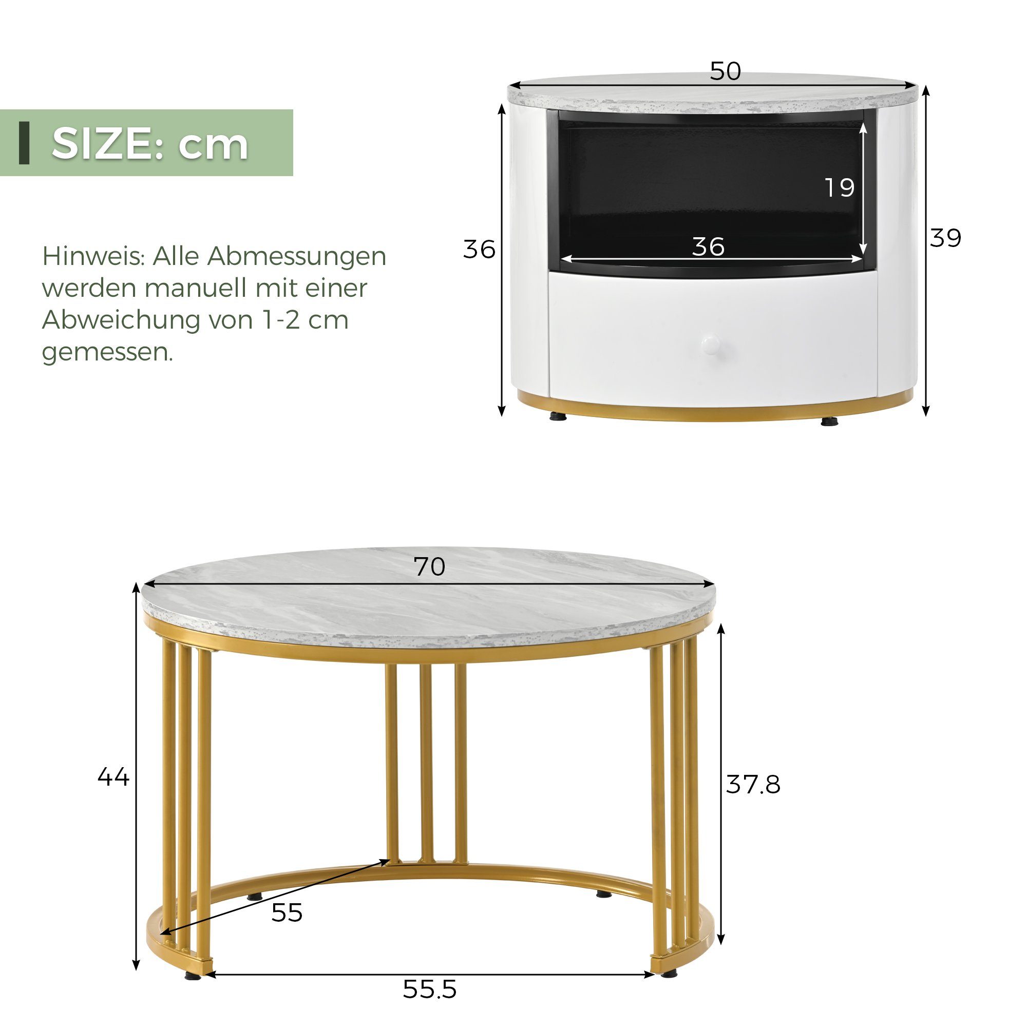 BOTC Couchtisch 2er Set Rund Wohnzimmer Metallgestell, Tisch Optik Rund Gold Weiß mit Marmor