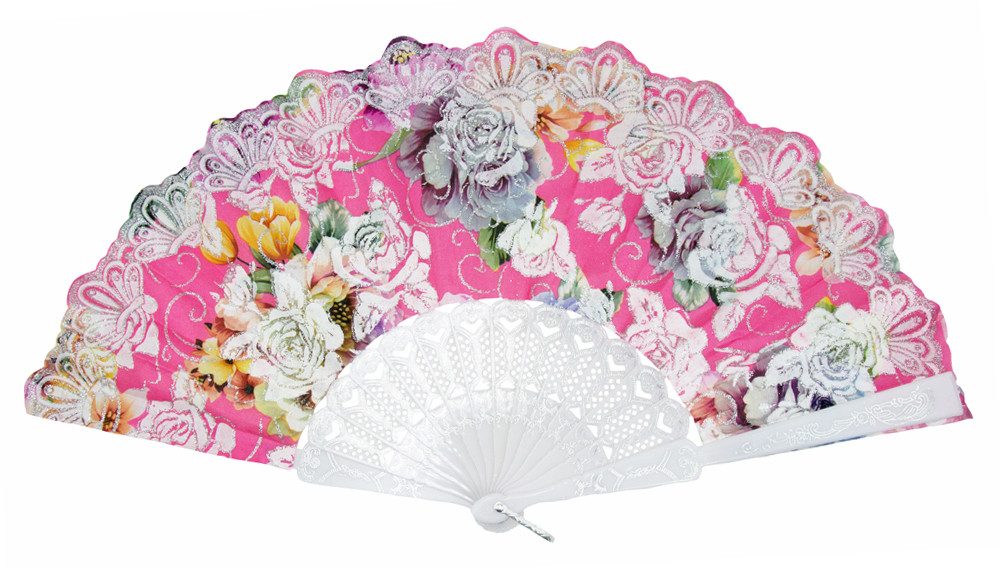 Das Kostümland Glitzer Handfächer mit Rosen - Weiß / Rosa