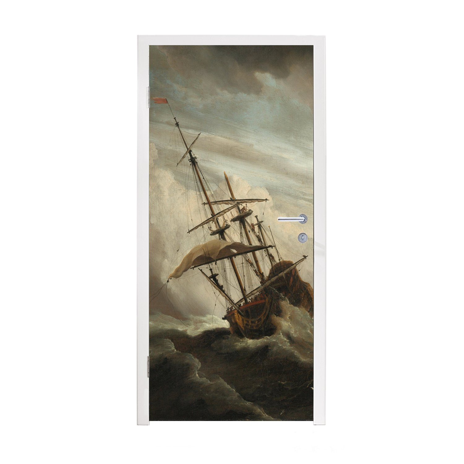 offener Schiff während cm Matt, MuchoWow Fototapete bedruckt, von auf Willem, - St), eines See (1 Ein Sturms Tür, für Türtapete 75x205 Türaufkleber, Gemälde