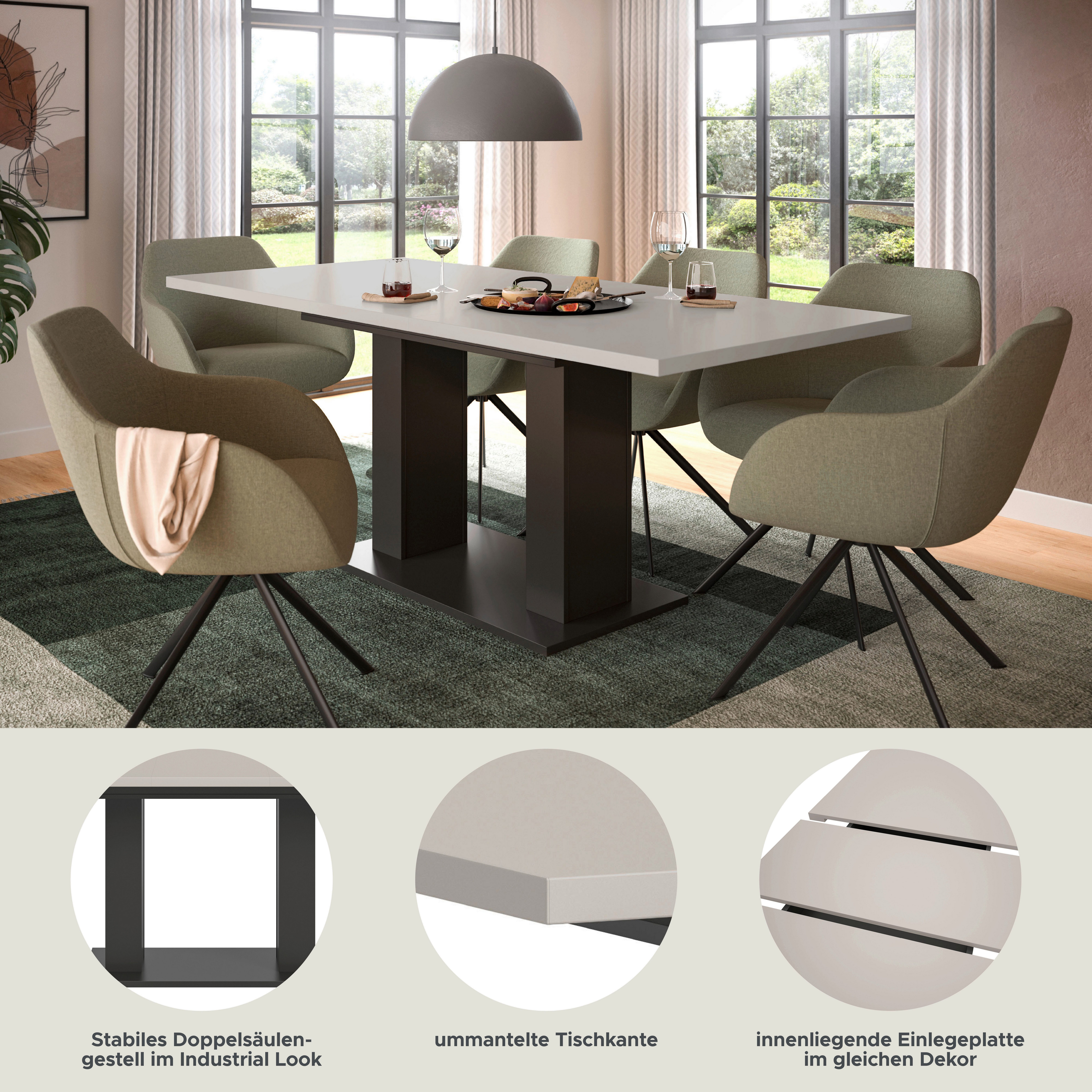 Home affaire Esstisch Motus, ausziehbar 150 -190 cm, inklusive 40 cm Einlegeplatte (Set, 1-St), Doppelsäulengestell mit Bodenplatte, Tisch, Esstisch, Küche